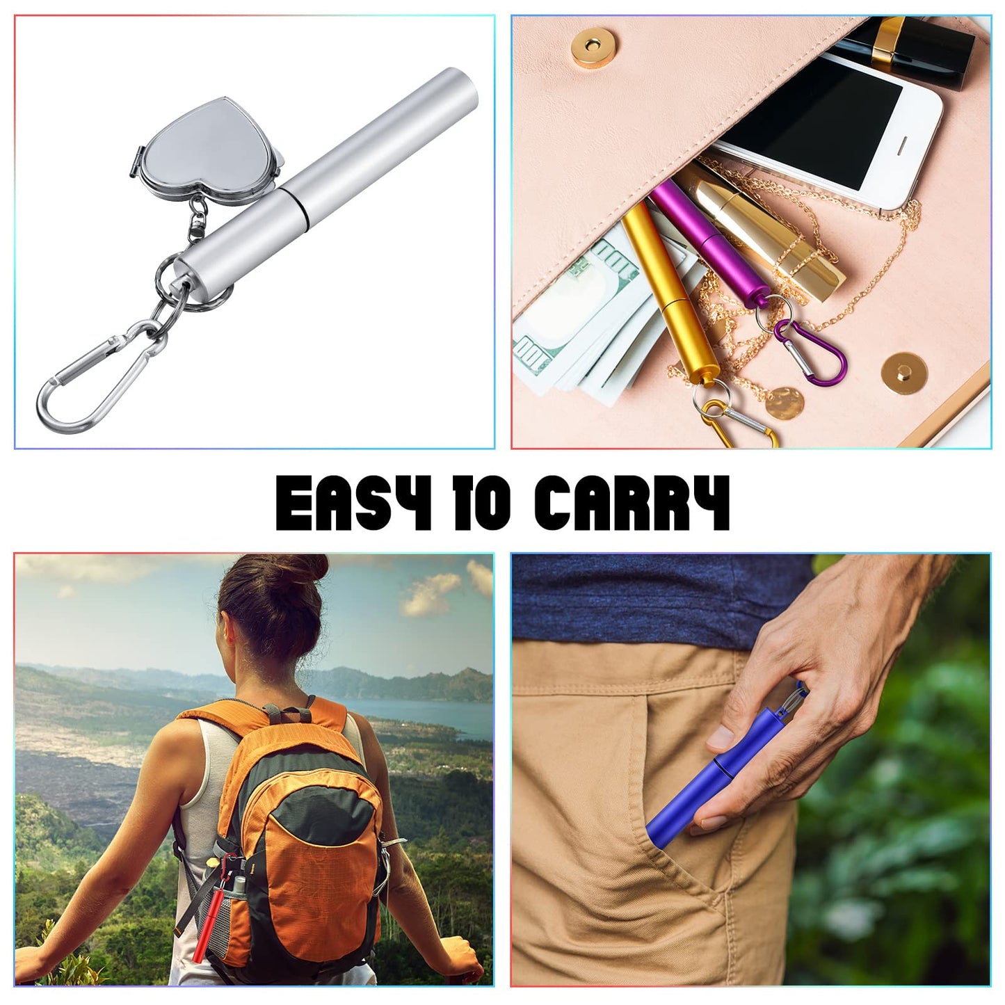 Zubebe 8 Pack Metal Reusable Straw Collapsible Straws Stainless Steel Drinking Straw with Plastic Case Silicone Tip and Cleaning Brush and Keychain Long Telescopic Portable for Travel Work