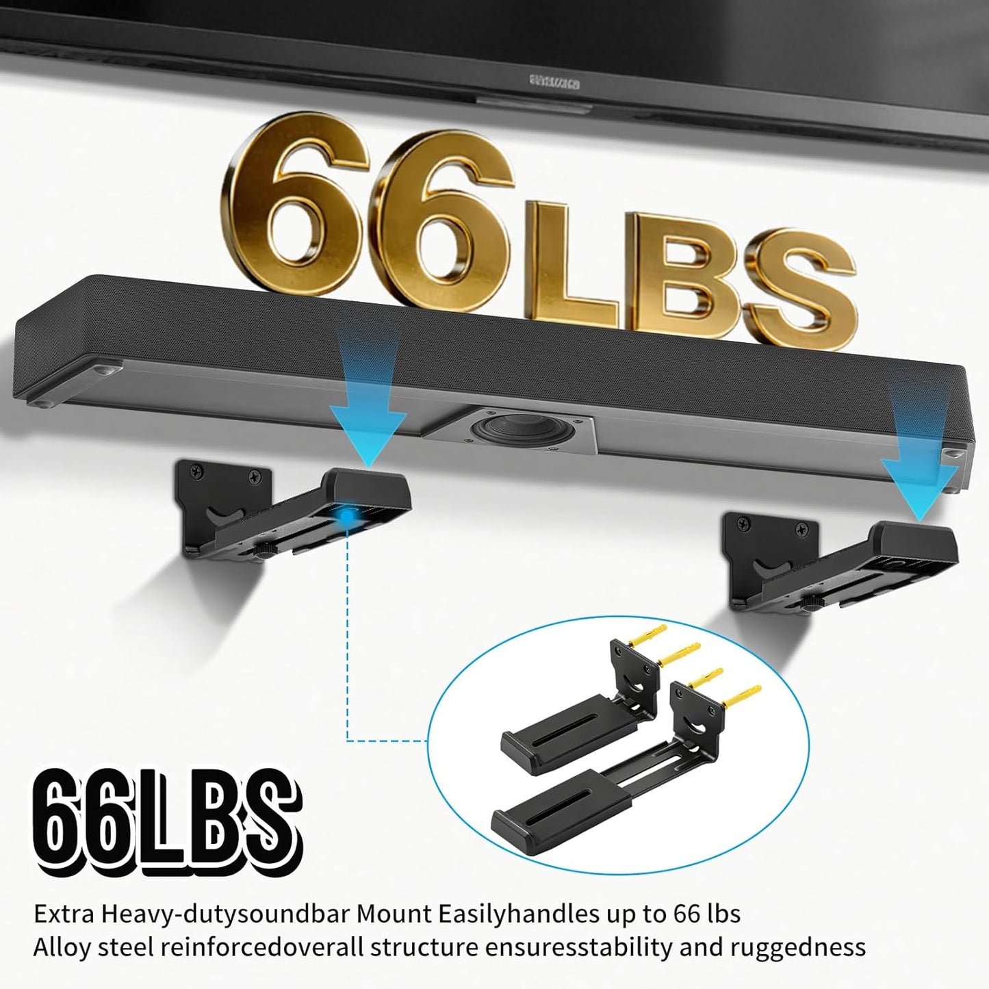 Kiiocwev 66LBS,Depth 4.09-7.28,All-Metal Soundbar Wall Mount Bracket -Universal Soundbar Mount&Soundbar Shelf