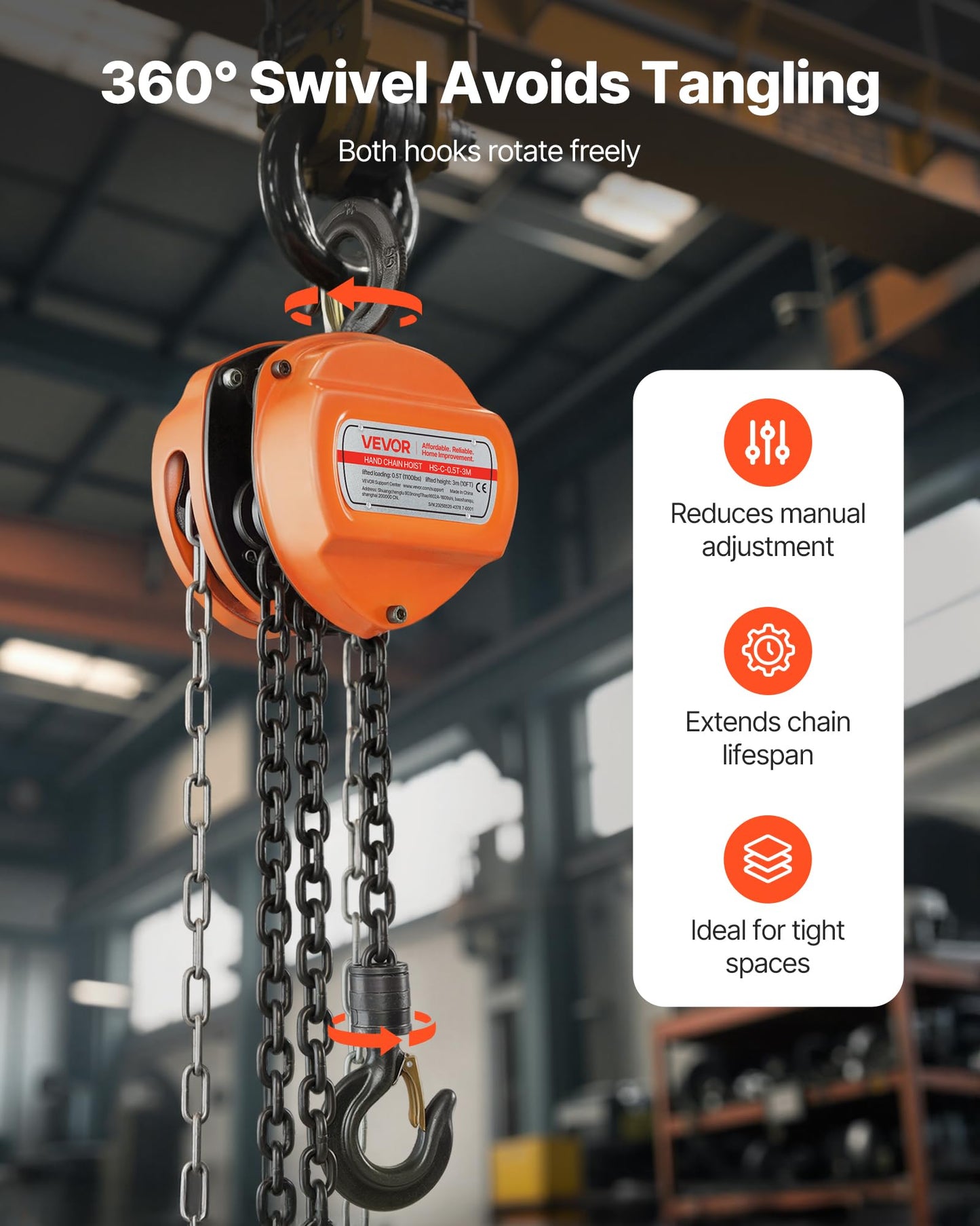VEVOR Hand Chain Hoist, 1/2 Ton 1100 lbs Capacity, Manual Chain Block with Upgrade G80 Galvanized Chain, 10 ft Lifting Height, Heavy Duty Pulley Hoist for Garage Warehouse Automotive Machinery, Orange