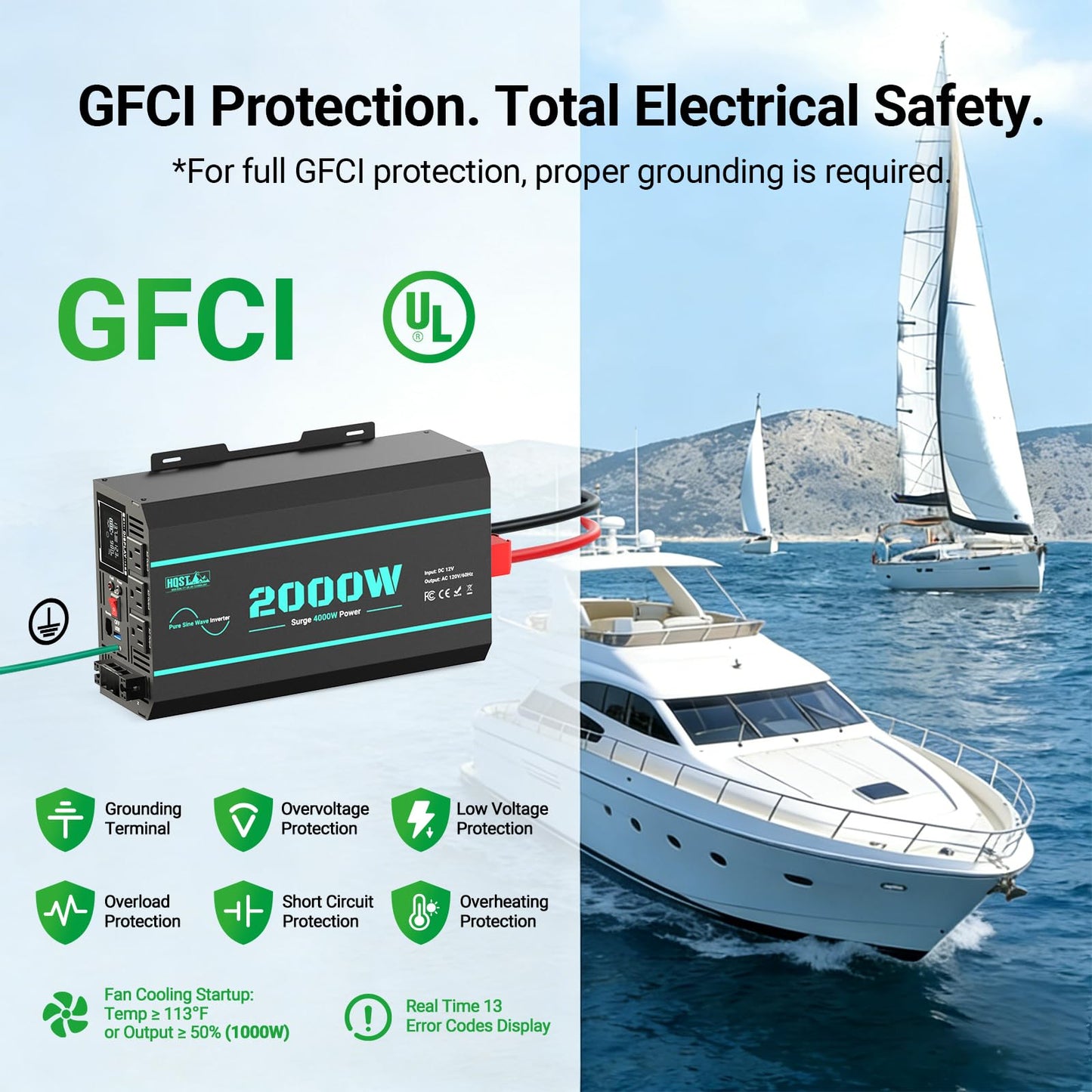 HQST 2000W Pure Sine Wave Inverter 12V DC to 110V AC Converter, w/ 4000W Peak, GFCI Protection, 3X AC Sockets, Hardwire Port, Remote, Solar Power Inverters for Vehicles, Camping, RVs, Home, Off Grid
