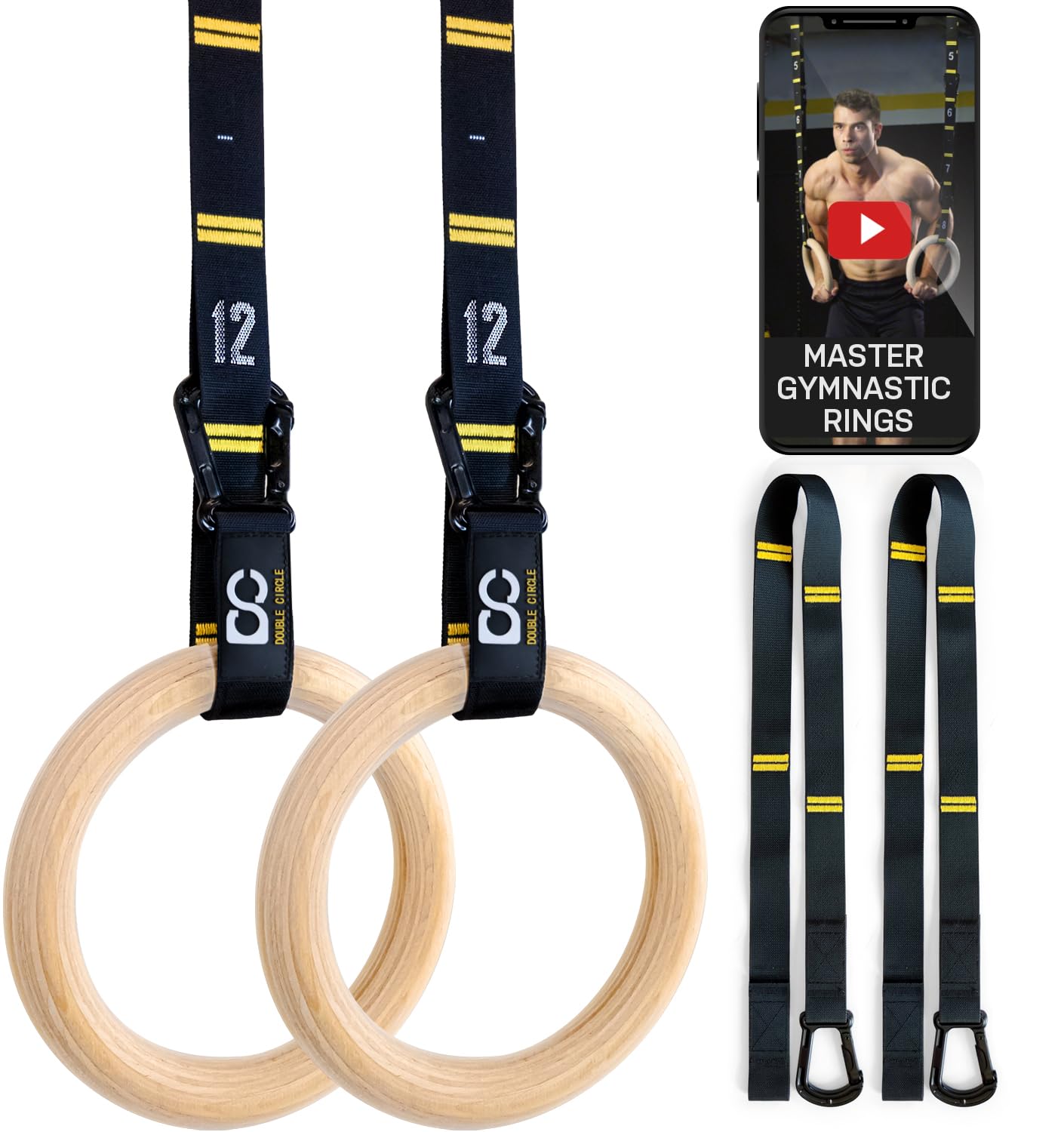 Double Circle Gymnastics Rings with Quick Adjust Numbered Straps and Exercise Videos Guide - Full Body Gym Rings - Calisthenics Rings Wooden Rings (Extended Straps)
