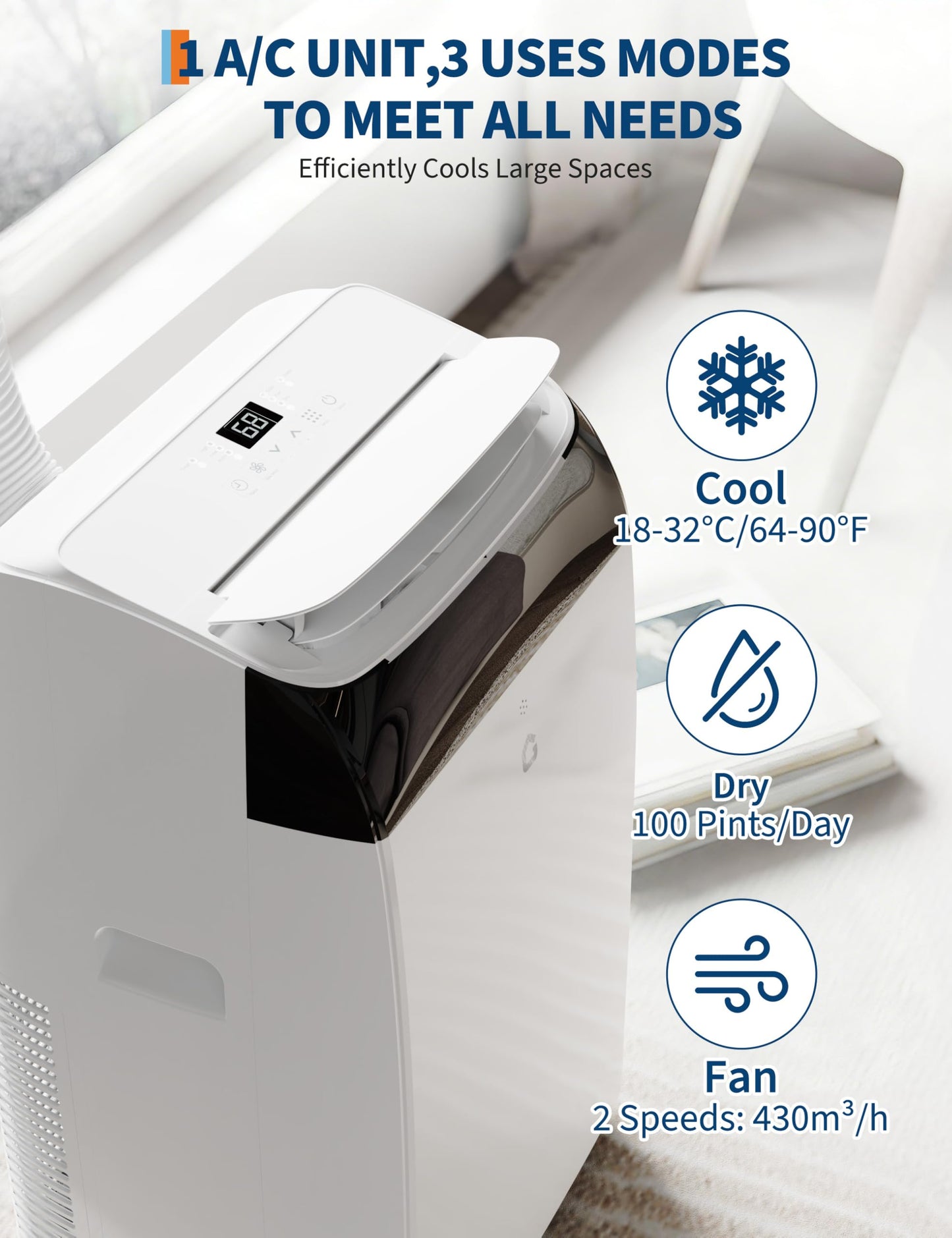 Garvee 14000 BTU Portable Air Conditioner with Follow Me Function, 3-in-1 AC Includes Remote & Full Window Kit, Cools Areas Up to 750 Sq. Ft, 115V