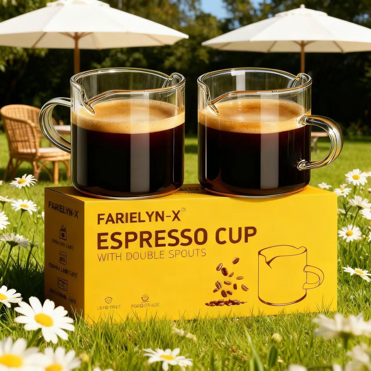 Skiennix Espresso Cups Set of 2 - Double Spout Clear Glass Shot Glasses with Handle | Perfect for Coffee & Desserts
