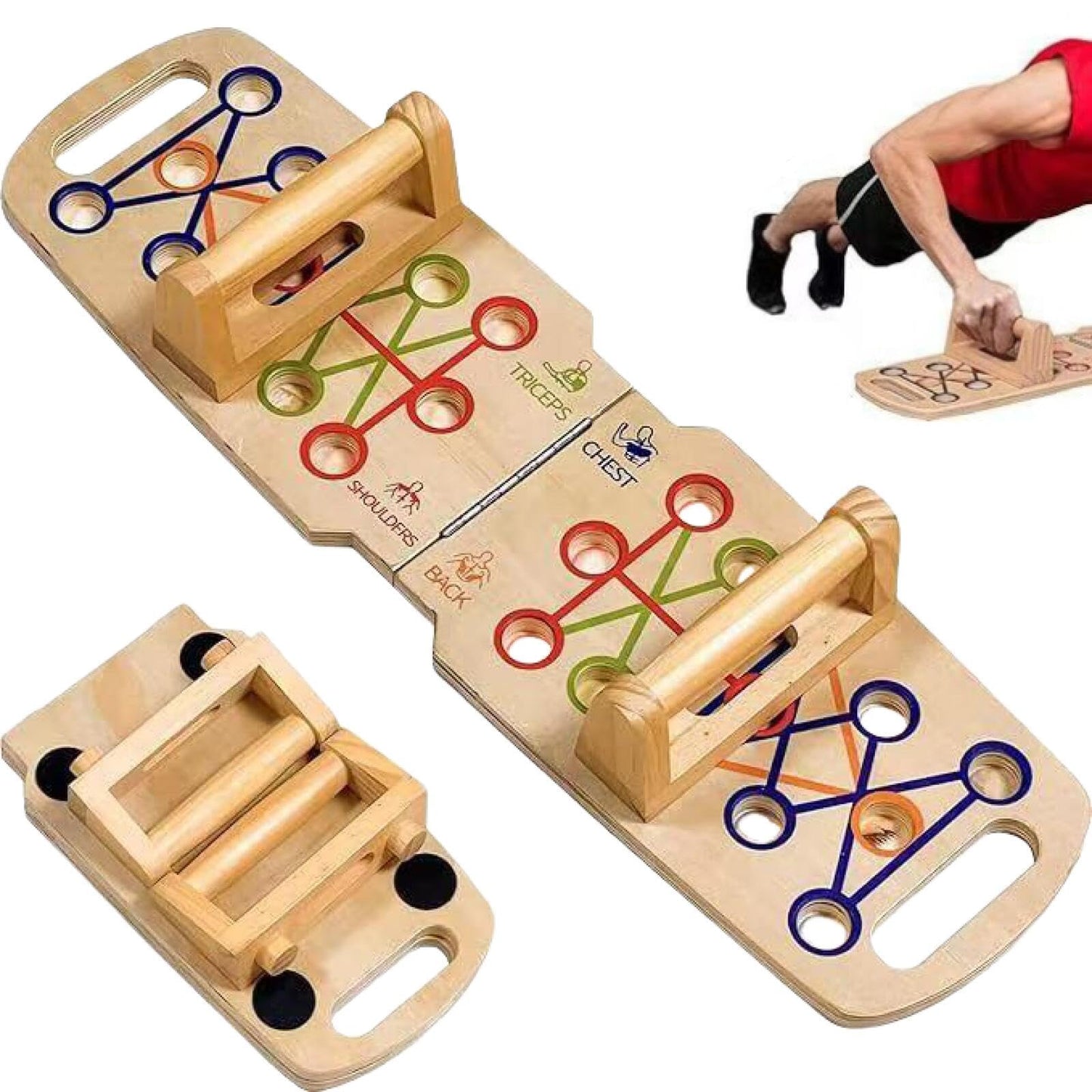 Wooden Foldable push-up board, Adjustable design. Features wooden handles and grip bars, ideal for fitness and core strength training. Suitable for both men and women