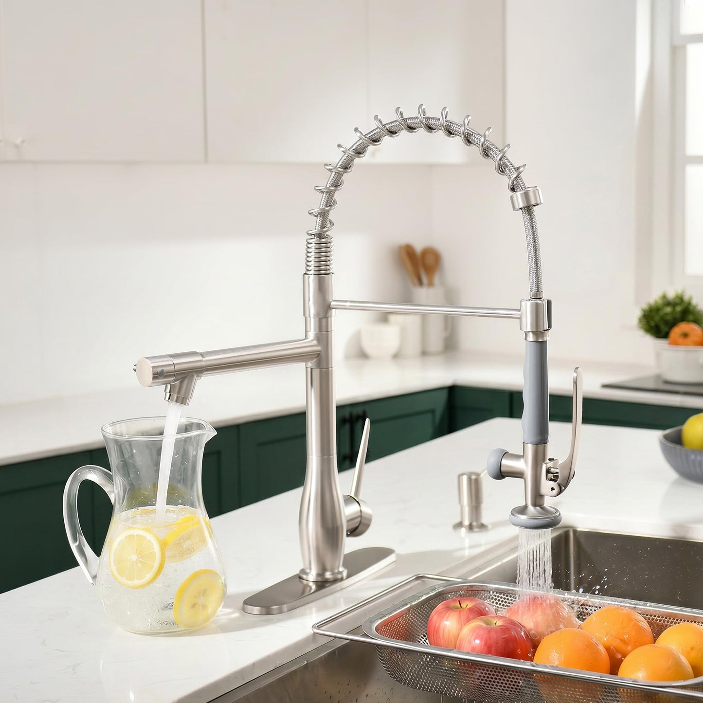 GIMILI Commercial Kitchen Faucet with Pull Down Sprayer, Double Headed Single Handle High Pressure Kitchen Faucet with Soap Dispenser Brushed Nickel