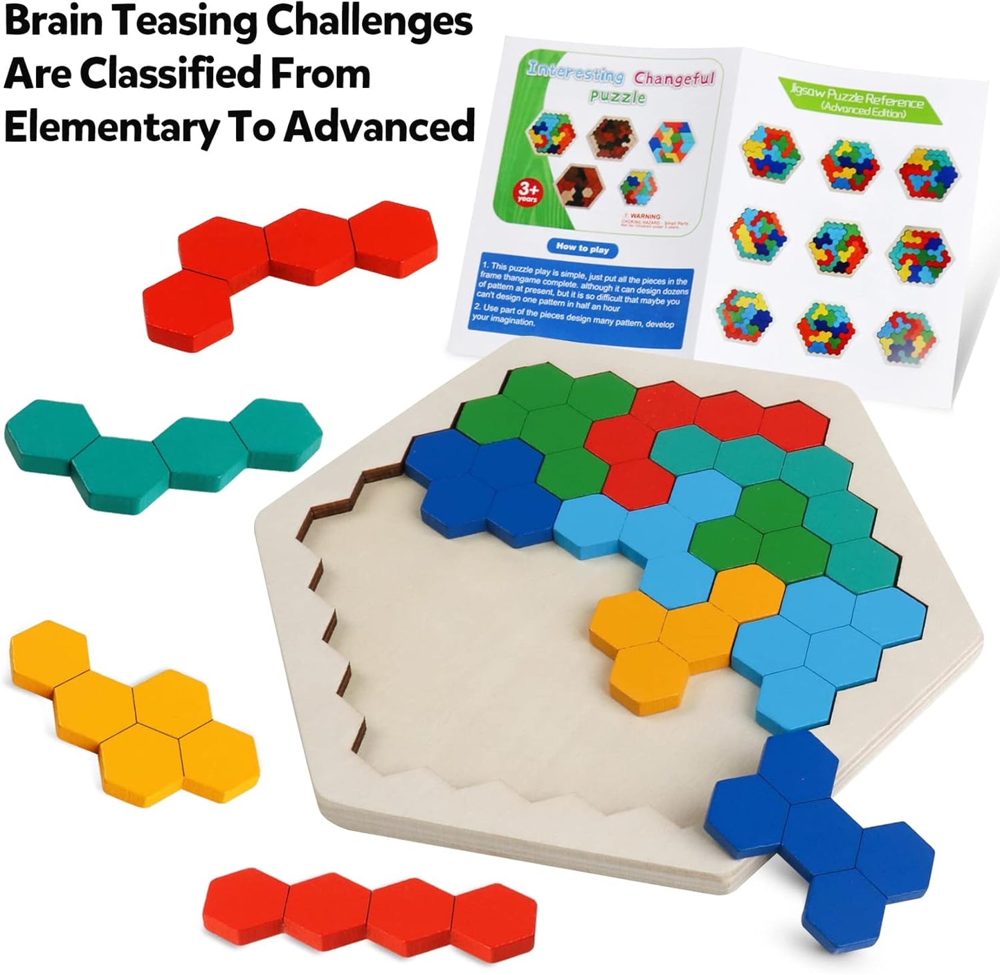 Skrtuan Wooden Blocks Puzzle - Hexagon Brain Teaser for Kids & Adults | STEM Montessori Educational Toy