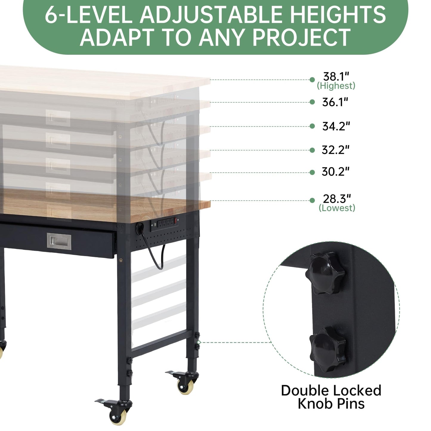 48" Work Benches for Garage, Adjustable Workbench with Wheels, Drawers, Power Outlet & Rubber Wood Top, 2000LB Tool Bench Shop Table for Woodworking, Office, Home (48x24 Inch with Drawer)