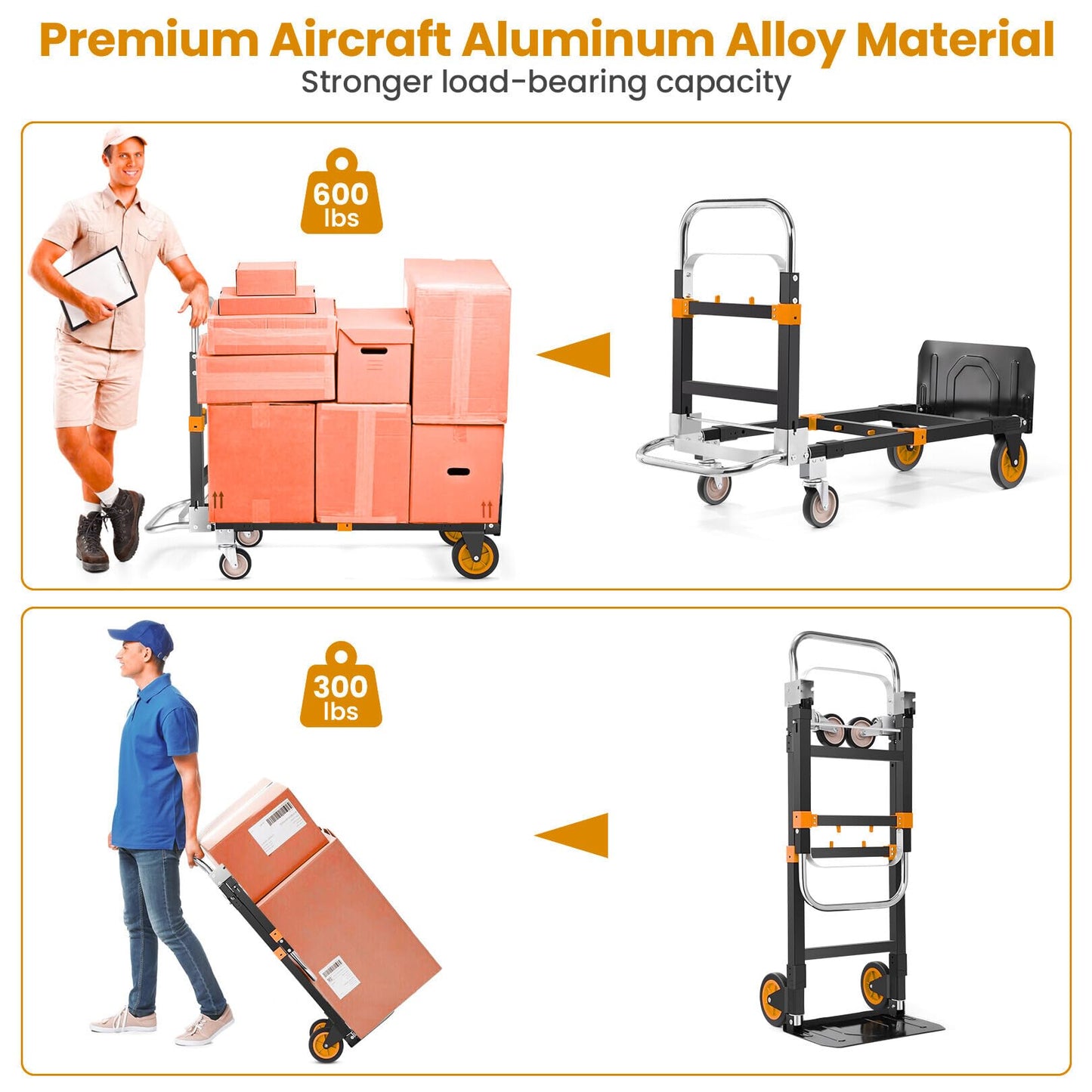 3-in-1 Convertible Heavy Duty Folding Hand Truck Dolly, 600LB Capacity with Rubber& Wheels Telescoping Handles, Portable Collapsible Cart for Warehouse, Supermarket, Office (Orange)