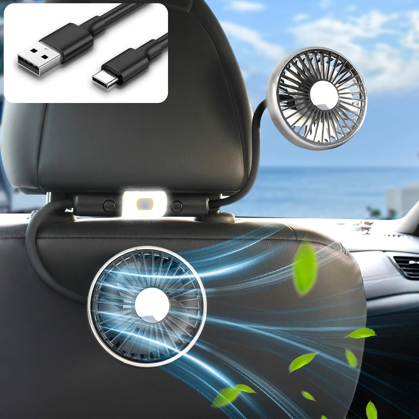 3 360 Hose Car Fan for Backseat Kids with Led Lights - USB Car Seat Fans for Baby - Independent Control Speeds Degree