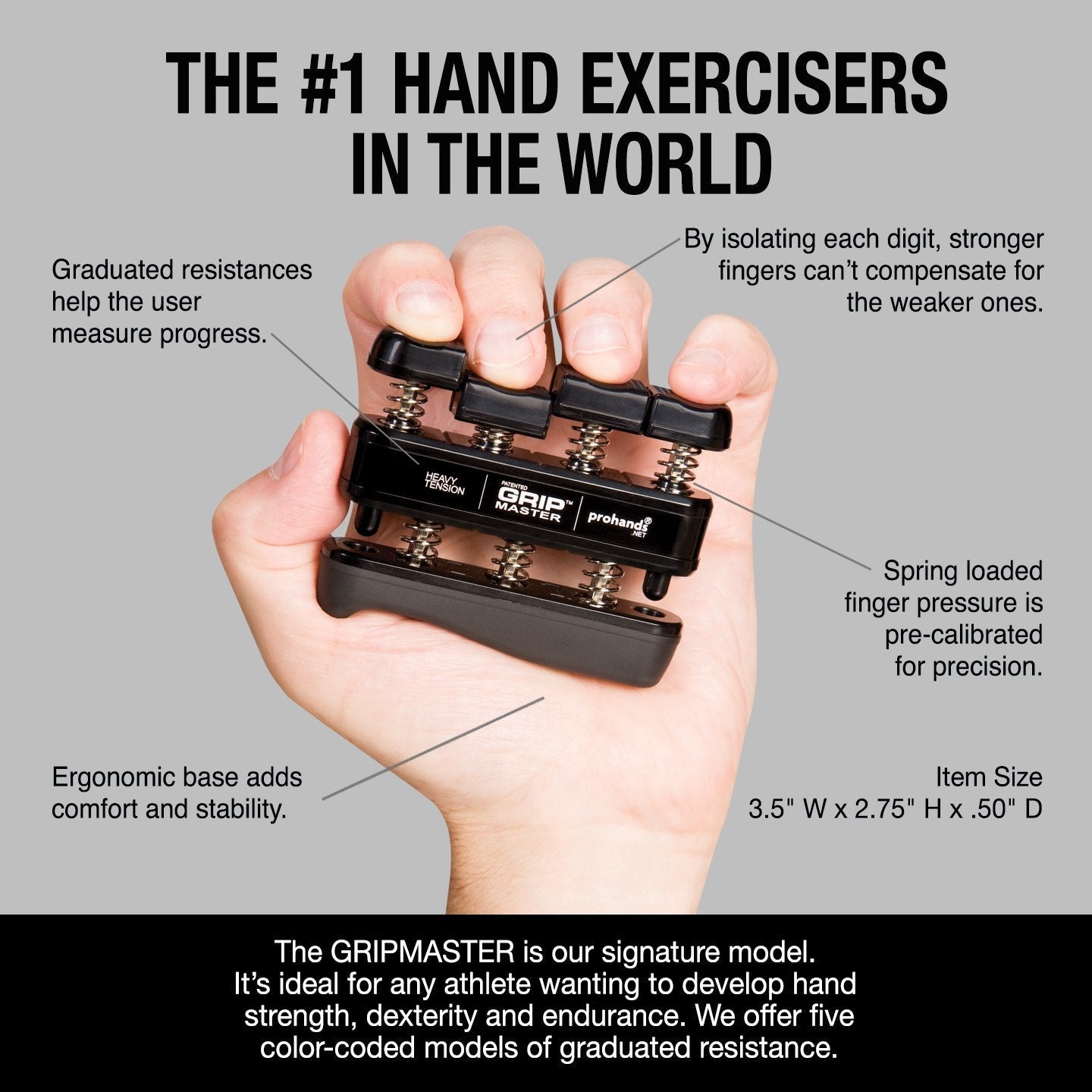 Prohands Gripmaster Hand Exerciser, Finger Exerciser (Hand Grip Strengthener), Spring-Loaded, Finger-Piston System, Isolate and Exercise Each Finger, (9 lb Heavy Tension, Black-Gripmaster)