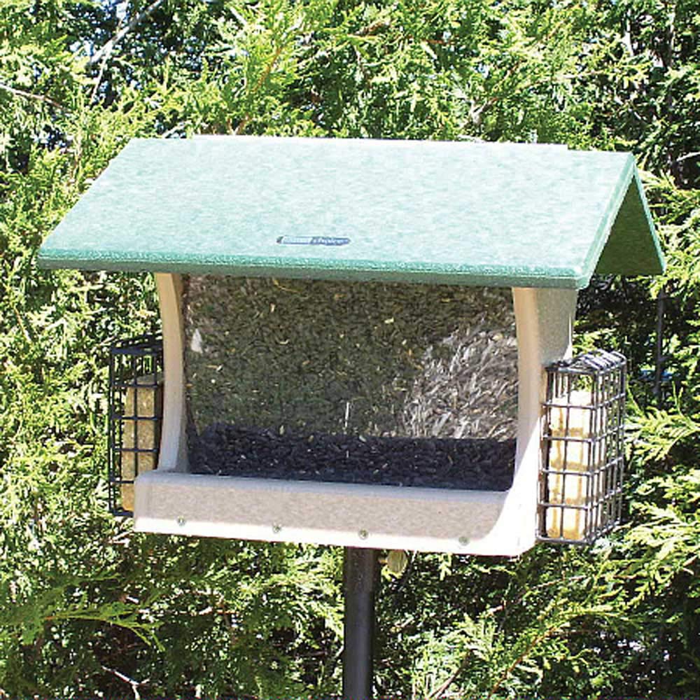 Birds Choice SN300-S Two-Sided Hopper Feeder, Recycled Bird Feeder w/ Two Suet Cages, Large, Taupe/Green