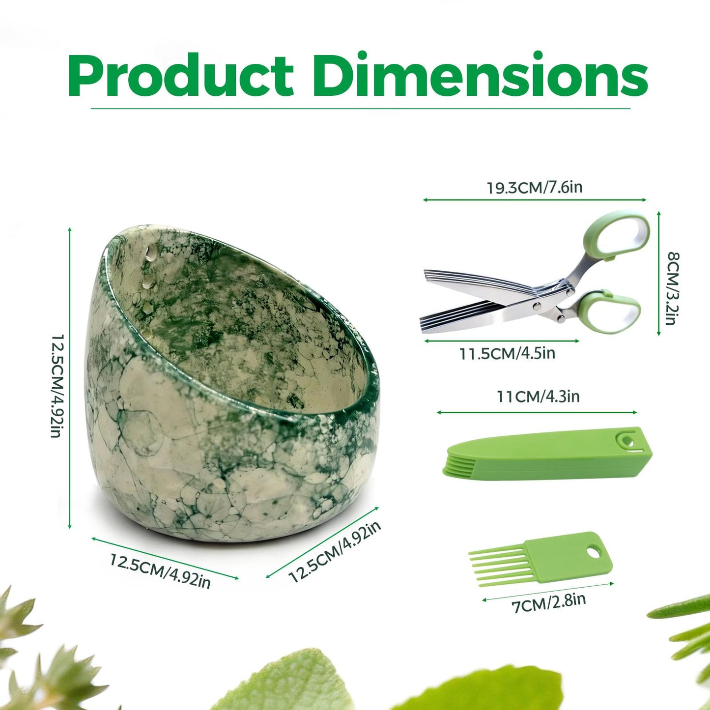 Pottery Herb Stripper Bowl Set – 2 Piece, Including 5-Blade Stainless Steel Herb Cutter Scissors, Herb Stripping Tool & Handmade Pottery Herb Stripper Bowl, For Stripping Leaves and Rhizomes (Green)