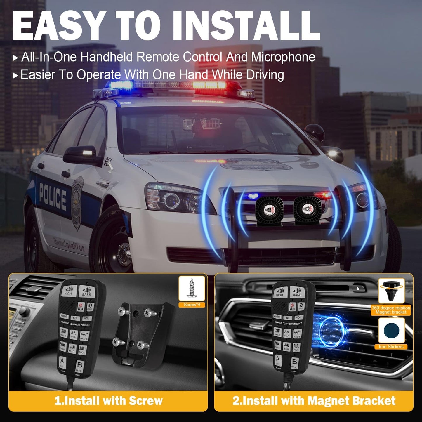Emergency Vehicle Siren PA System, 400W Multi‑Tone Car PA System with Mic, Extra‑Slim Speaker for Tow Truck Pickup Ambulance SUVs—Police Horn for Vehicles, Car Alarm Siren