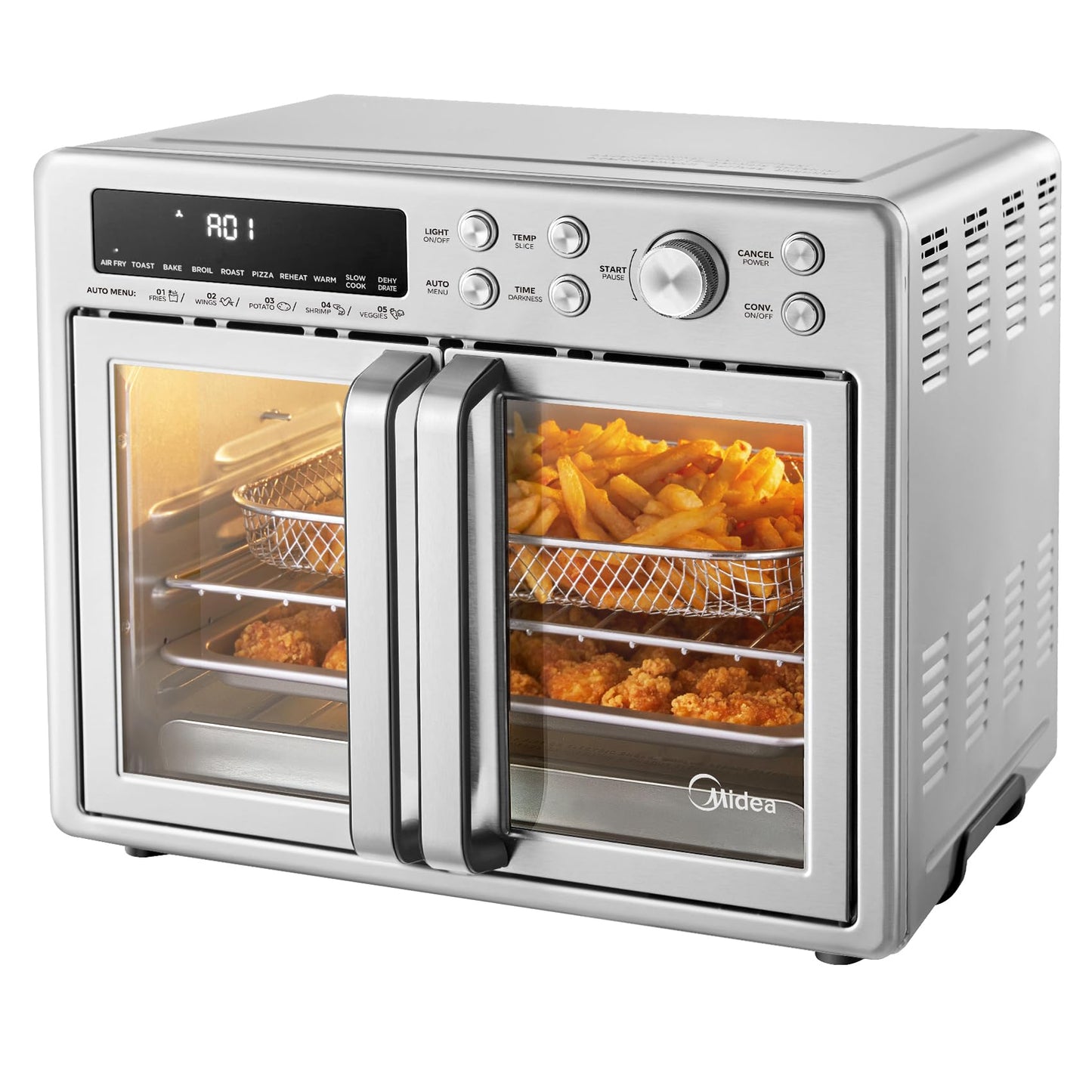 Midea Flexify Classic French Door Toaster Oven Air Fryer Combo, 10-in-1 Large Capacity 26.4 QT Countertop Oven, 25% Faster Cooking and 90% Less Oil, Stainless Steel