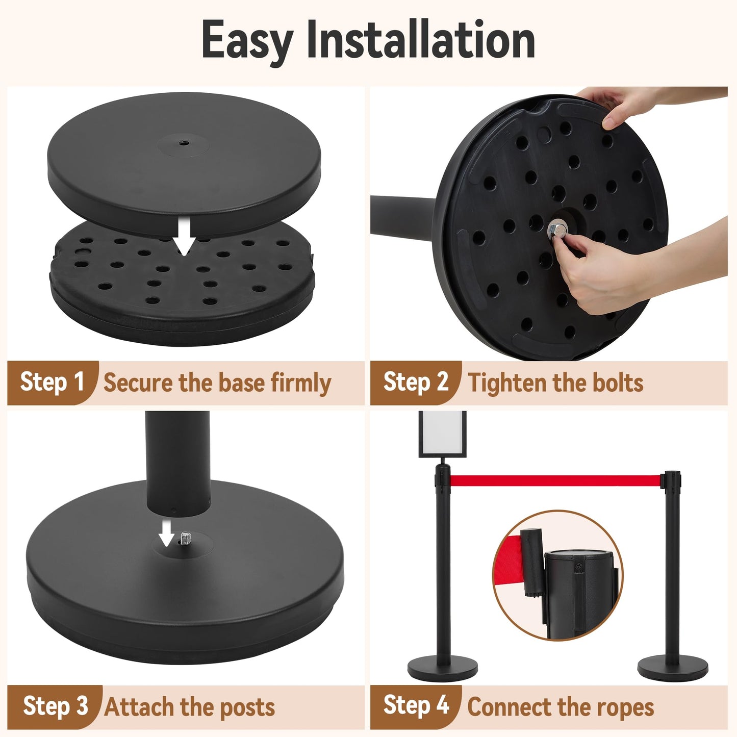 INMOZATA 6 Pack Retractable Belt Stanchions, Black Crowd Control Posts with 6.6FT Belts, Sign Holders, Heavy-Duty Steel Base – Ideal for Events, Auto Shows, Public Venues, Exhibitions (Black, 6.6FT)