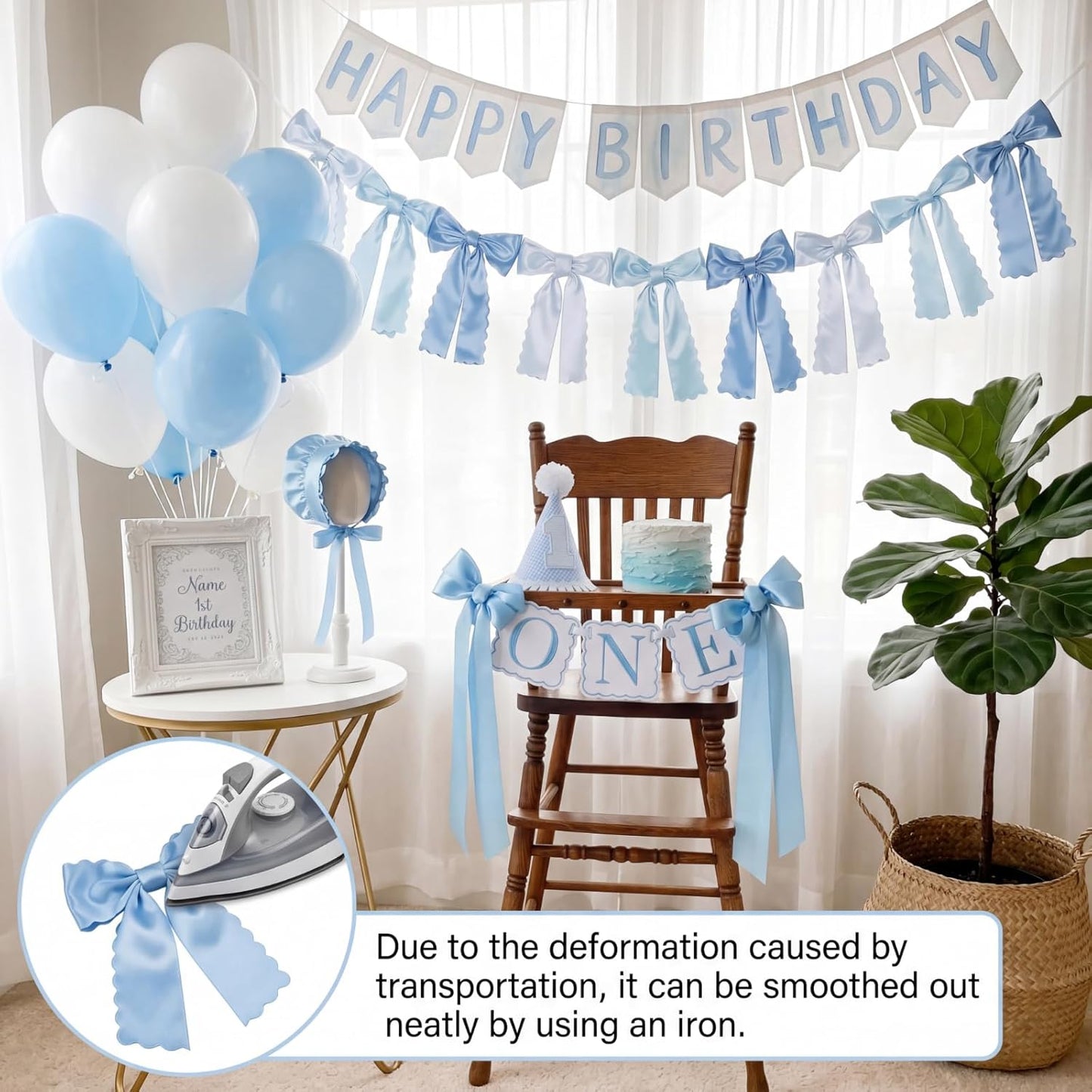 VitalCozy Blue Bow Garland - Pre-Strung Satin Ribbon Decor for Bridal Showers & Birthday Parties