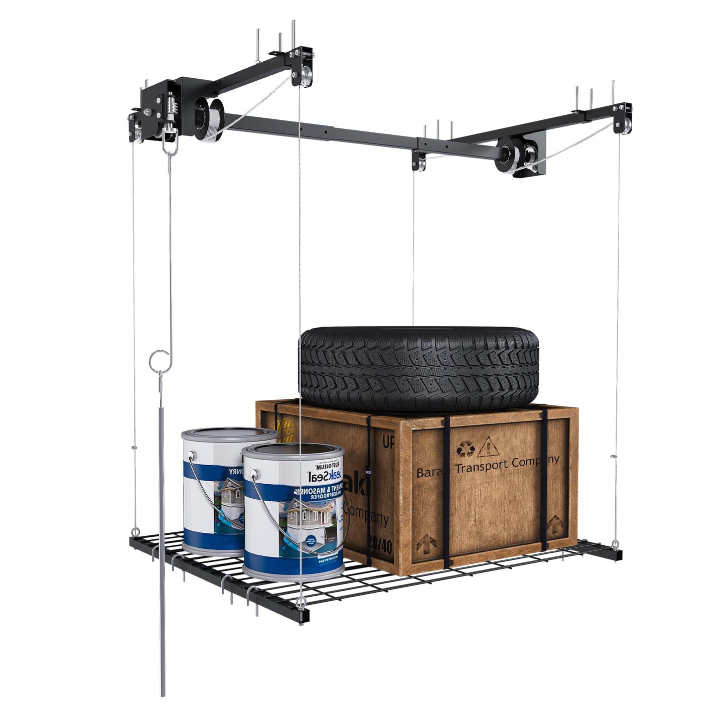 Leavader Manual Garage Storage Lift 4x4 FT for 10-12 ft Ceilings, Crank Down Overhead Storage Rack with Safety Lock, Heavy Duty Steel Garage Ceiling Storage System, 250LBS Capacity