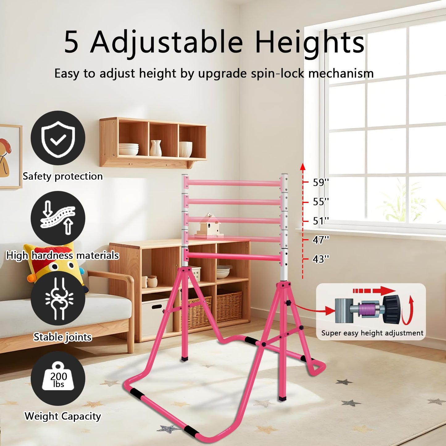 QILEBA Gymnastics Bar for Kids, Adjustable Height Gymnastic Horizontal Bars, Folding Gymnastic Junior Training Monkey Bars Equipment for Home Indoor/Outdoor Using, Pink