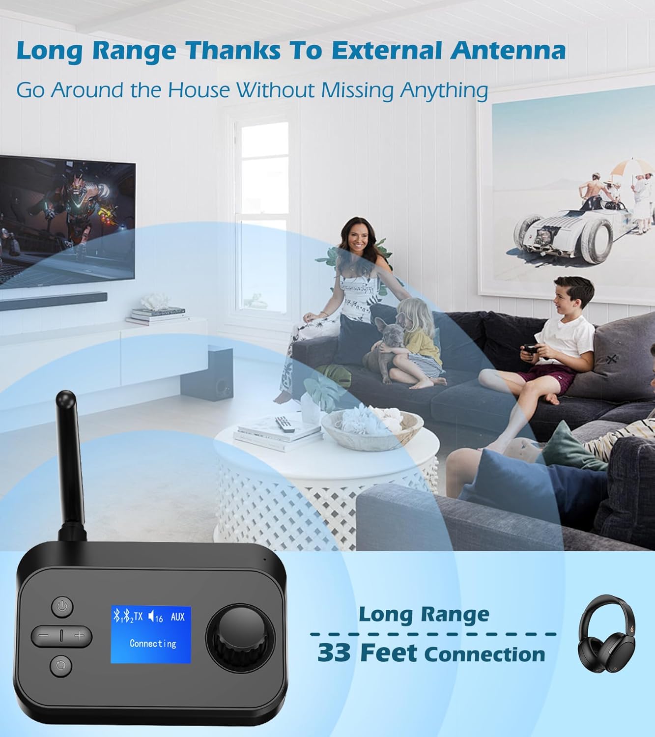 KAIY 3.5mm/Optical/TF Bluetooth Transmitter for TV Dual Headphones, Bluetooth Adapter for TV LCD Display Adjustable