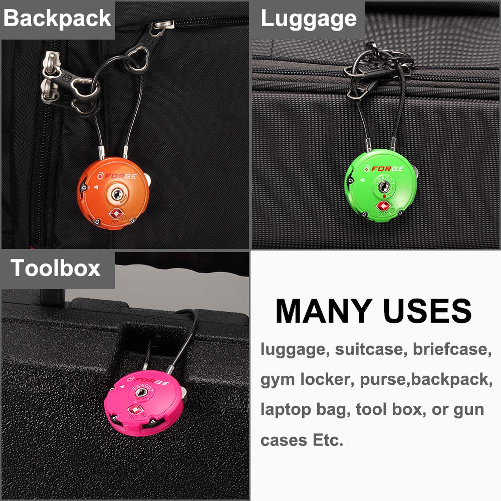 Forge Quality TSA Approved Luggage Locks for Travel Accessories, Suitcase, Pelican case, Ammo Boxes, Set Your own Combination, Zinc Alloy Body-Cable Black 2 Locks