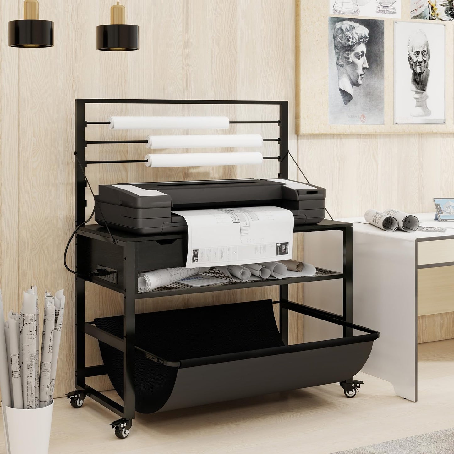 Natwind Wide Format Printer Stand, Plotter Workbench Table with Pull-Out Drafting Storage, Roll Paper Holder, Accessory Drawer, Adjustable Storage Shelf for Plotters and Cutting Machines (Black)