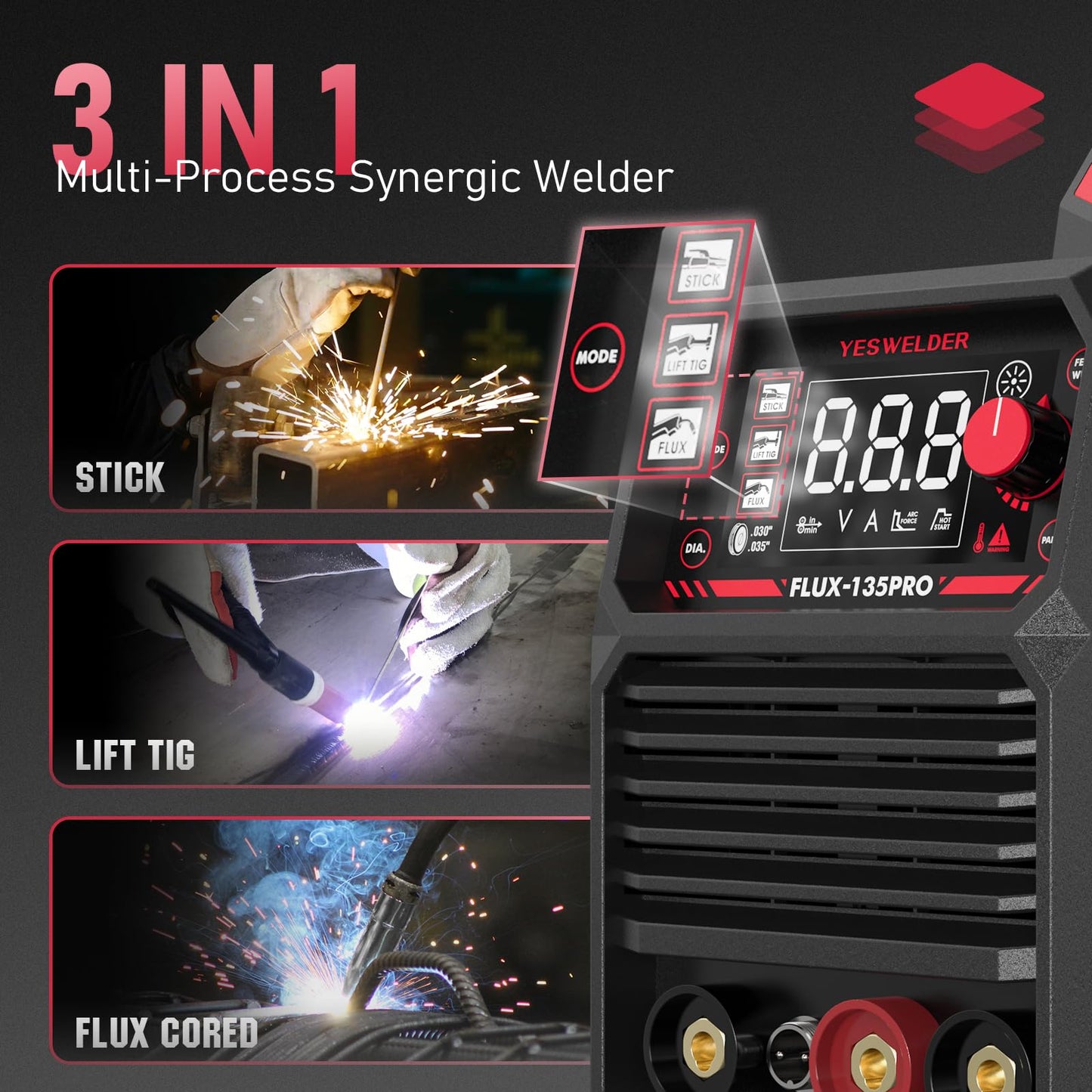 YESWELDER 135A MIG Welder, 110V Flux Core Gasless MIG/Lift TIG/Stick 3-in-1 Synergic Control LED Display Welding Machine, Bonus Flux Core Wire