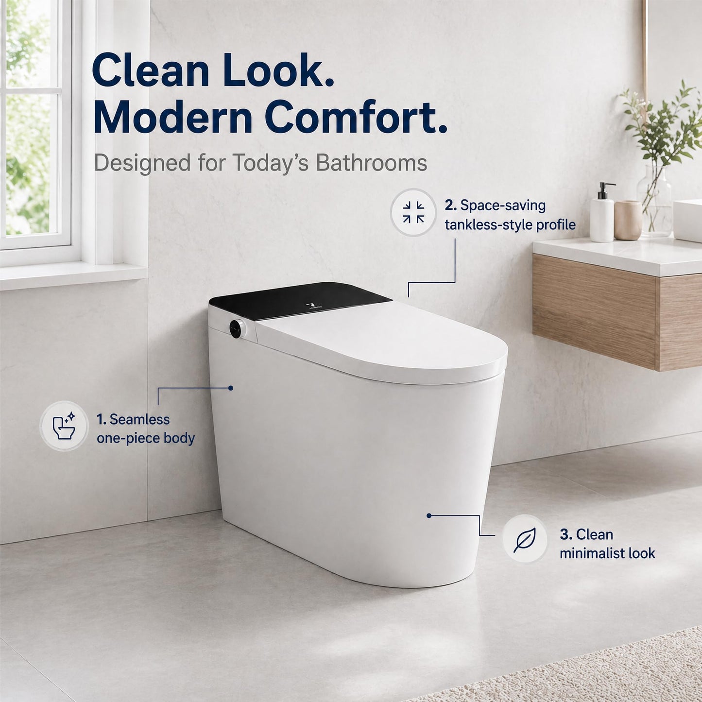 One Piece Toilet with Tankless Design, Modern Elongated Toilet, Foot Sensor Flush, Soft Close Seat, 18" Comfort Height Toilet for Bathrooms, 12" Rough-in,1.28 GPF-Standard White Bowl