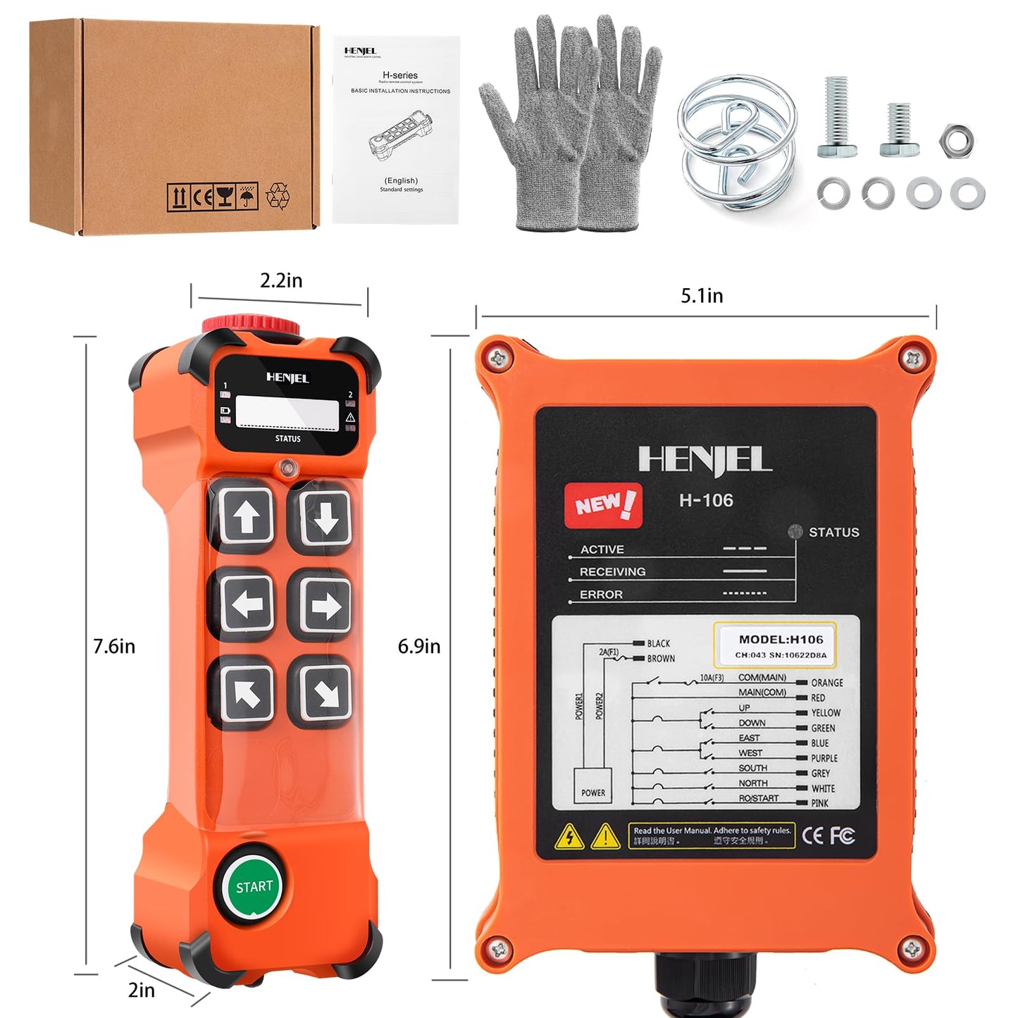 6 Button Industrial Wireless Crane Radio Remote Control for 24V 110V 220V Electric Chain Hoist Overhead Bridge Travelling Crane Truck Transmitters and 24-264V Receiver