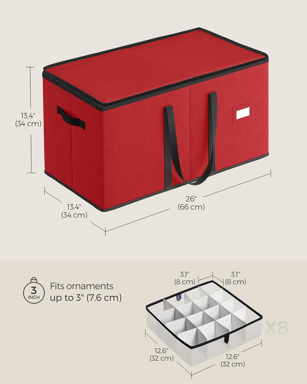 SONGMICS Christmas Ornament Storage Box - Stackable Dual Zipper Container with 128 Slots - Cherry Red, 600D Oxford