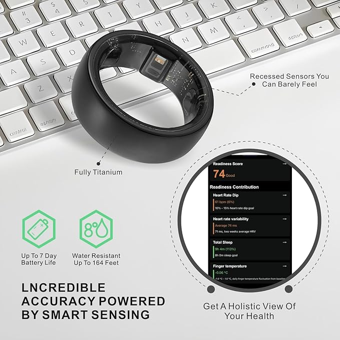 Smart Ring, Activity Trackers, Sleep Ring, Fitness Tracking, Stress Tracker, Heart Rate, Meditation, Temperature, Respiratory, No App Subscription, Women, Men, iOS, Android (Black, 7)