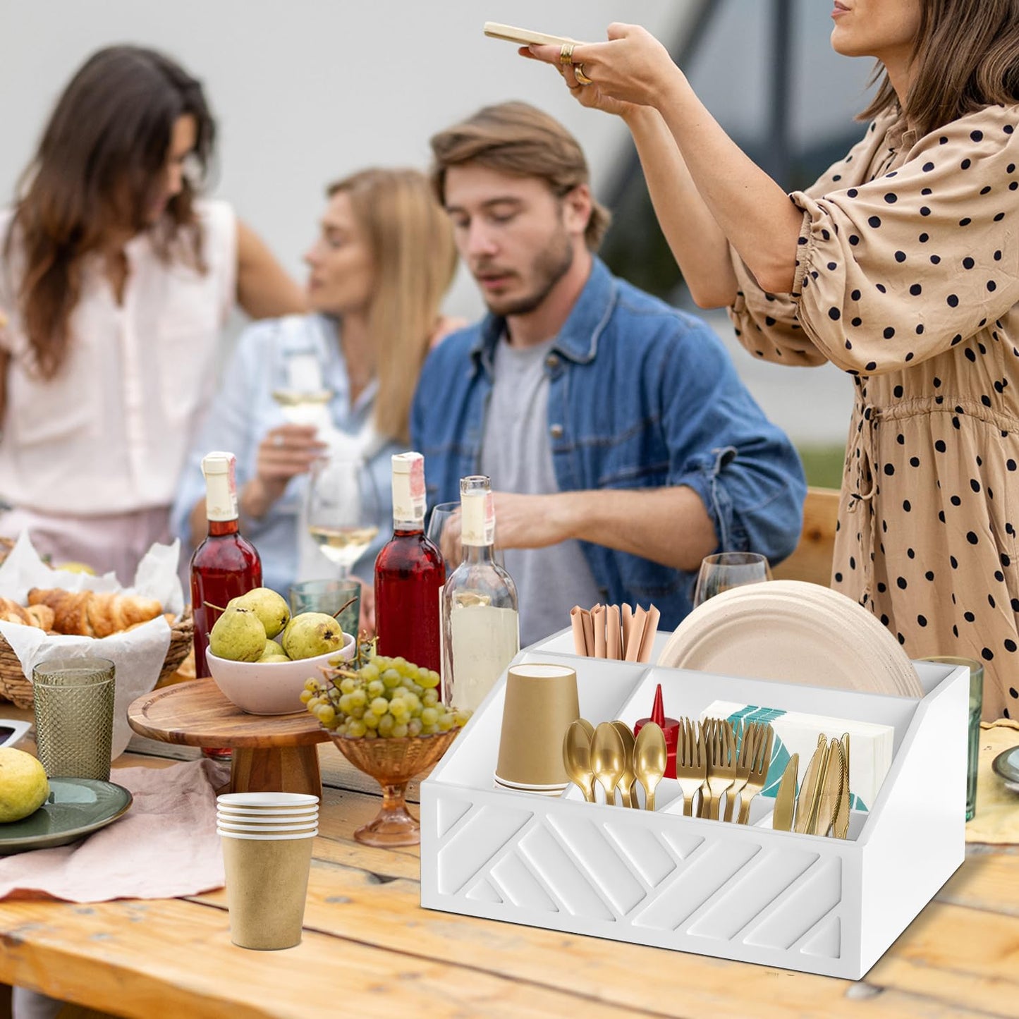 Ukonvi Paper Plate Dispenser, Paper Plate Holder for Kitchen Counter, Wood Rustic Silverware Utensil Caddy, Cutlery Flatware Organizer Box for Cups Spoons Forks Plates Napkins, Kitchen Accessories