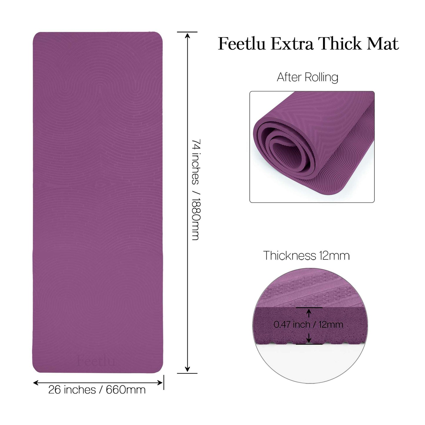 Feetlu Extra Thick 12mm Exercise Mat – Non-Slip, Joint-Friendly & Cushioned Fitness Mat for Yoga, Pilates & Floor Workouts – Durable, Supportive & Includes Feetlu Classic Strap
