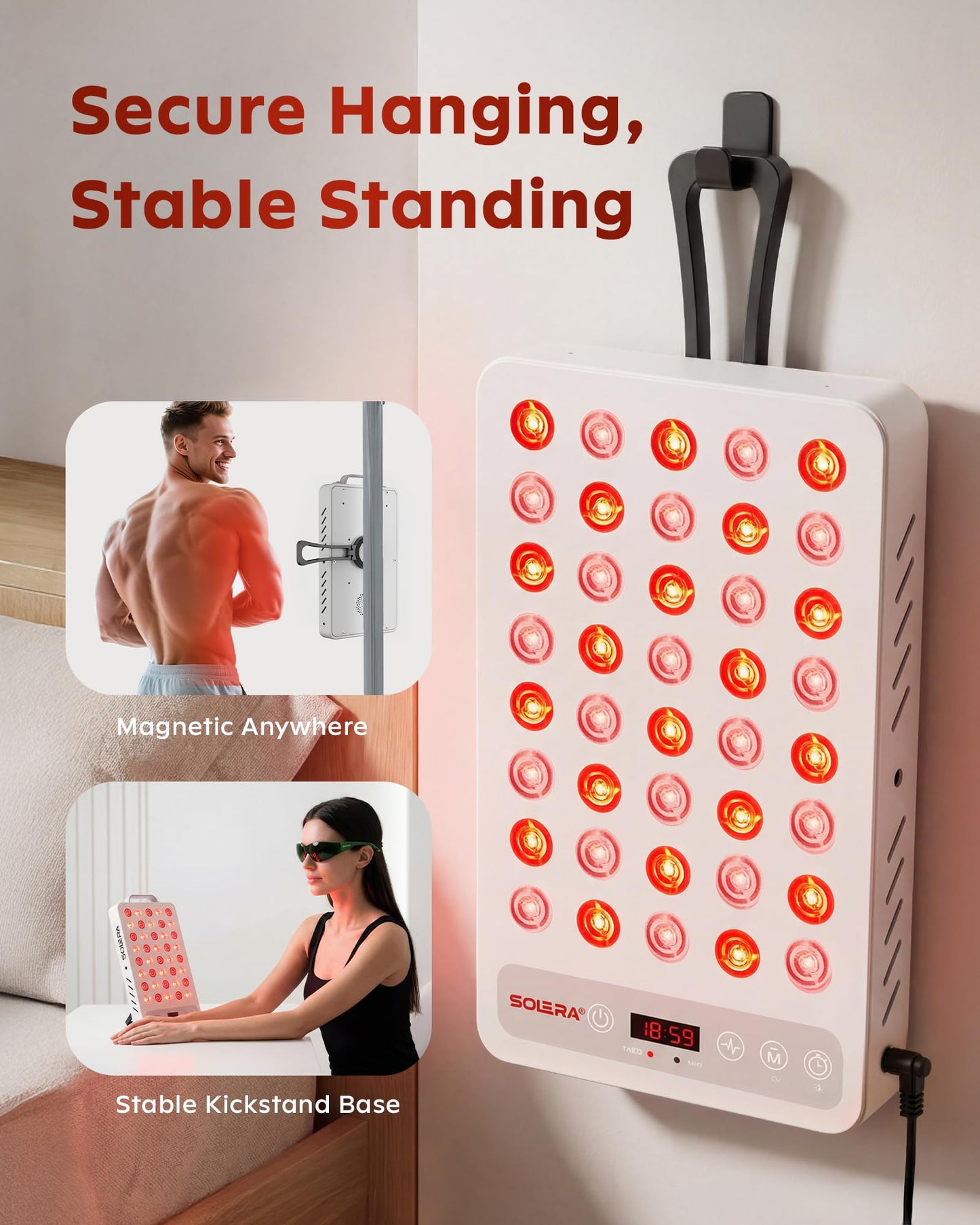 SOLRA SR40 Red Light Therapy Panel with Magnetic Mount & Floor Stand, 660nm 850nm Near Infrared LED Light Lamp for Face & Body, 200W Dual Chip, Adjustable Height, Low EMF, Timer, Home Use