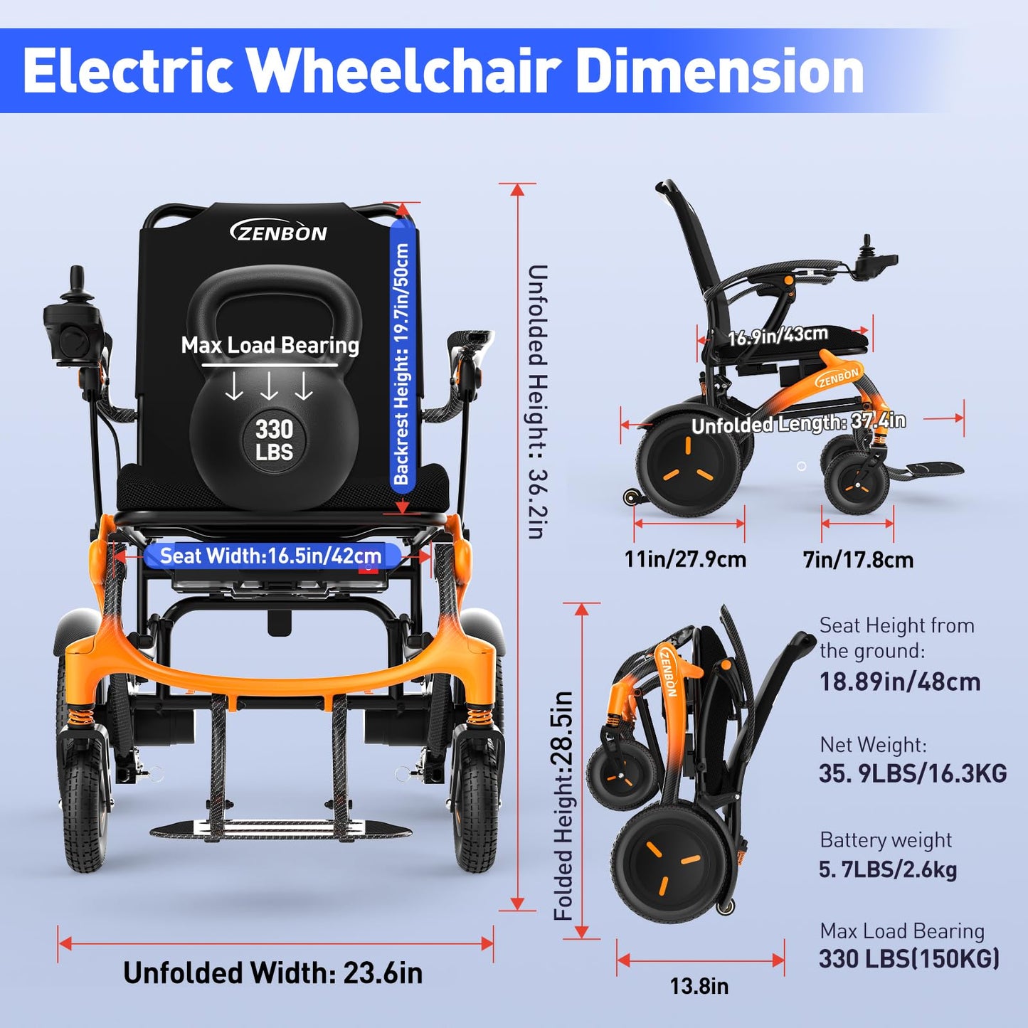 Carbon Fiber Electric Wheelchair for Adults ZENBON, 15 Miles Cruise Range Foldable Powered Wheelchair, Intelligent Motorized Wheelchairs for Seniors, Portable All Terrain Electric Mobility Chair 681A