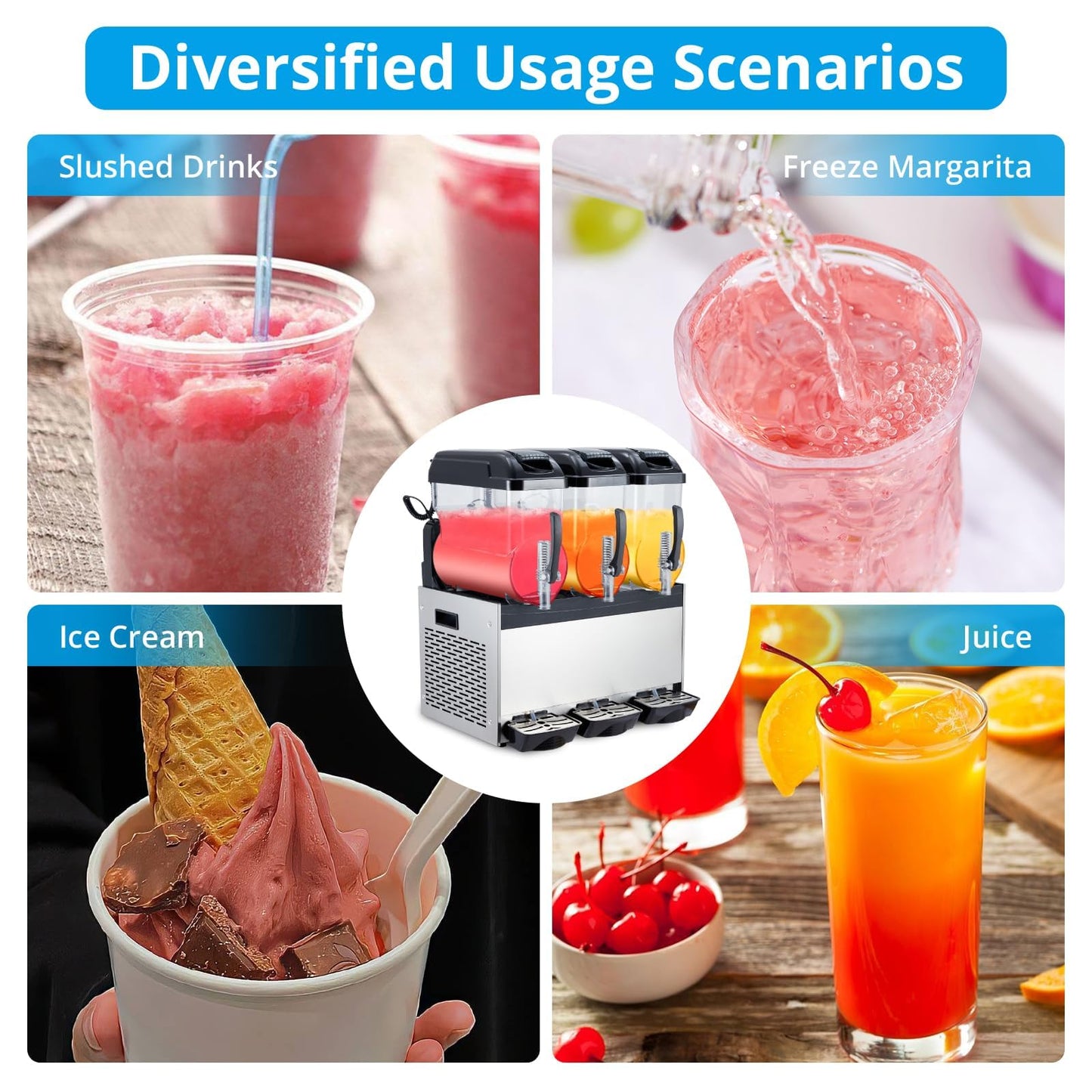 PeacefulHues Commercial Slushy Machine Frozen Drink Machine, Three Tank 12l 860w Stainless Steel, Margarita Wine Slush Smoothies Maker for Restaurant Bar Party