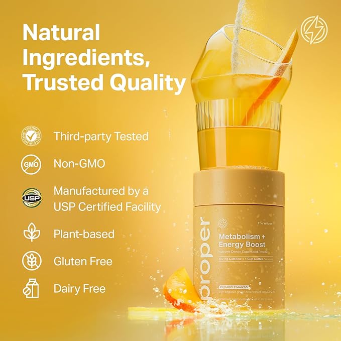 Proper, The Yellows Metabolism and Energy Boost, Sugar Free Energy Drink Powder with 100mg Caffeine. No Creatine or Beta-Alanine. 15 Servings, Pineapple Mango Drink Mix for Men and Women