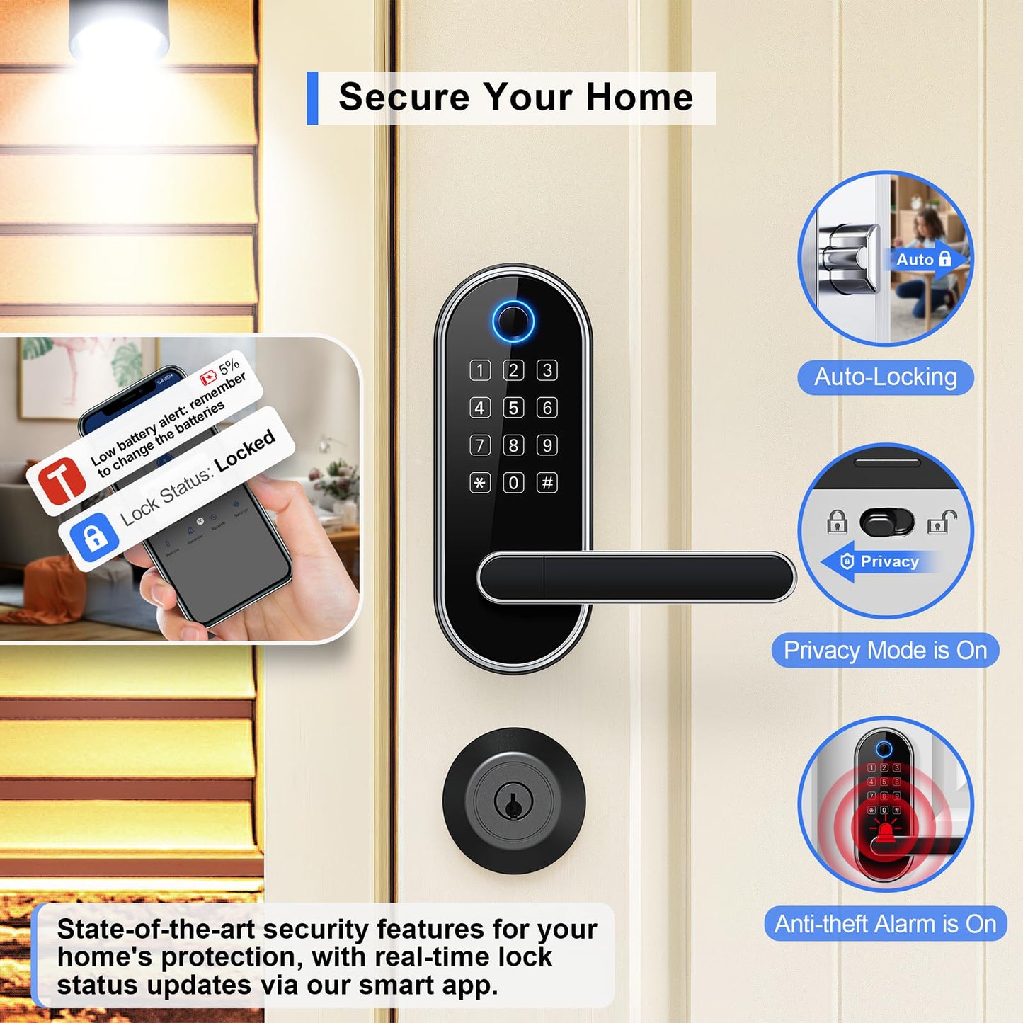 Bluetooth Fingerprint Smart Lock with Handle & Keypad – Fits Most US Doors, DIY Install, Keyless Entry: Code, FOB, Auto-Lock. Ideal for Home, Airbnb, Rental, Kids, Seniors. Alexa & Google Compatible