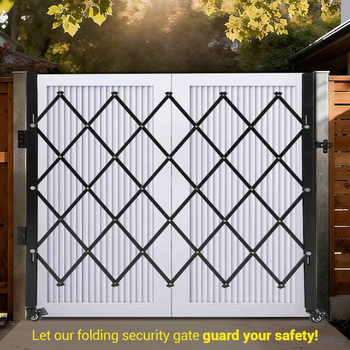 GarveeTech Single Folding Security Gate, 52" H x 42" W Lockable Scissor Gate with 360° Swivel Casters, Heavy-Duty Steel Outdoor Barricade Retractable Gates for Courtyards, Garages, Gardens, Pool