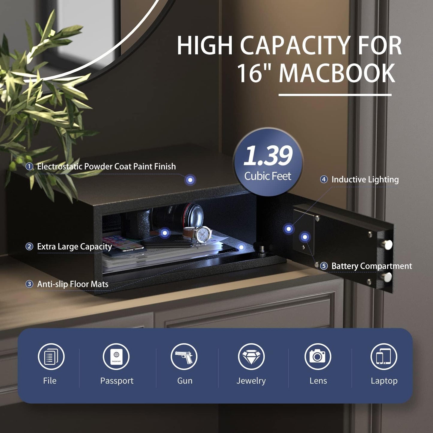 XDeer 𝟑𝟑 𝐋𝐁 Hotel Safe 1.39 Cubic Feet Home Safe Personal Document Steel Security Safe Box With Hotel-Style Digital Electronic Lock/Sensor Light/Silent Mode - Black 1PCS