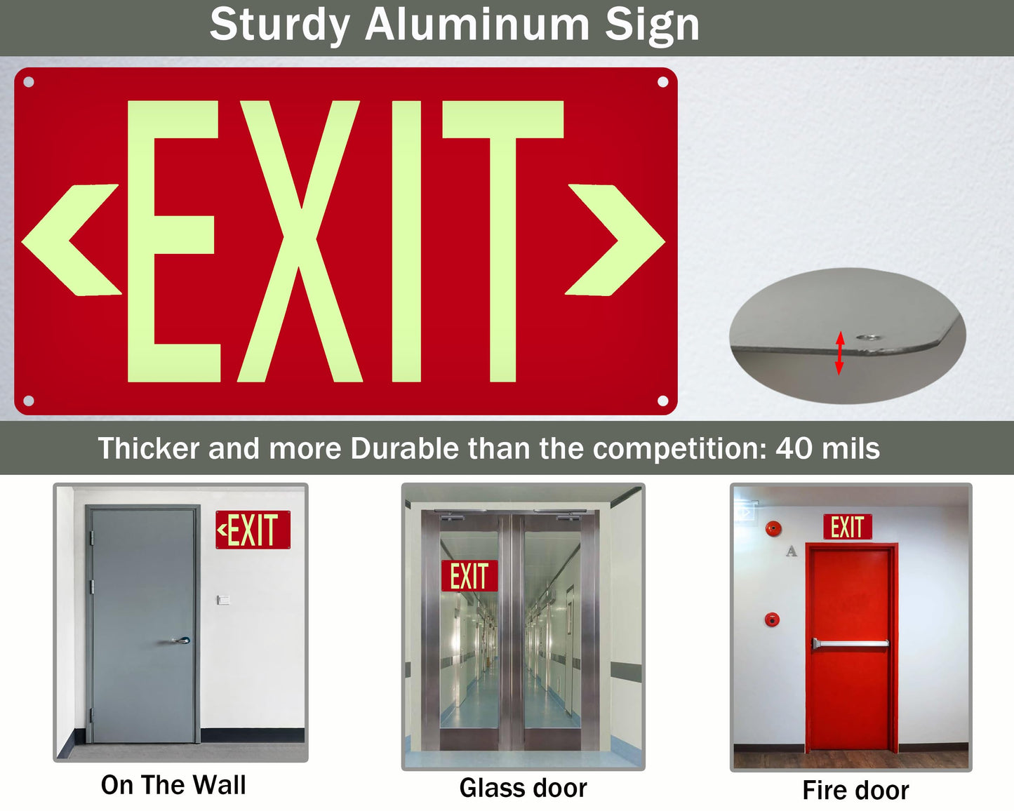 (2 Pack) Photoluminescent Exit Sign Red - with Removable Directional Arrows, With strong self adhesive tape, 14.25 x 7.5 Inches Heavy Duty Aluminum Signs, Fade Resistant, water proof/weather proof