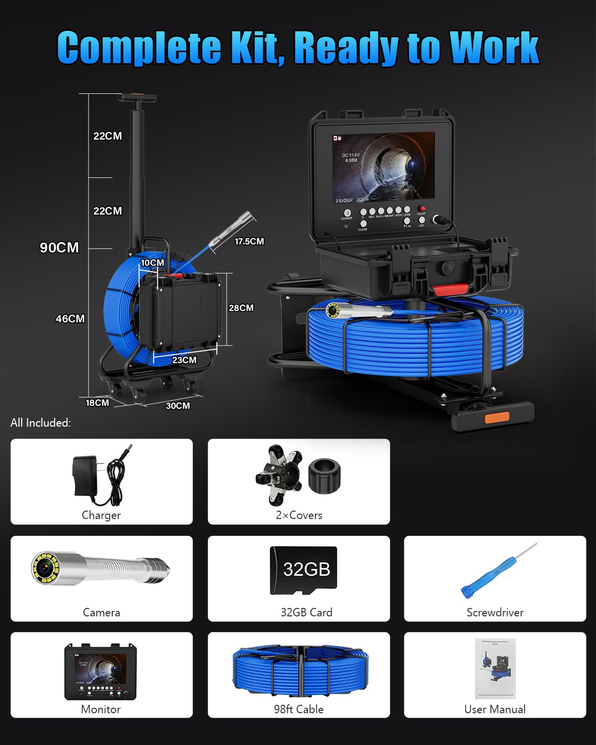 Sewer Camera Self Leveling 9'' with 512Hz Sonde & Meter Counter, 100ft Drain Inspection Camera w/ 7MM Cable, 12 LEDs, 23MM 1080P Self Leveling Probe, Waterproof 32GB DVR Pipe Endoscope for Plumbing