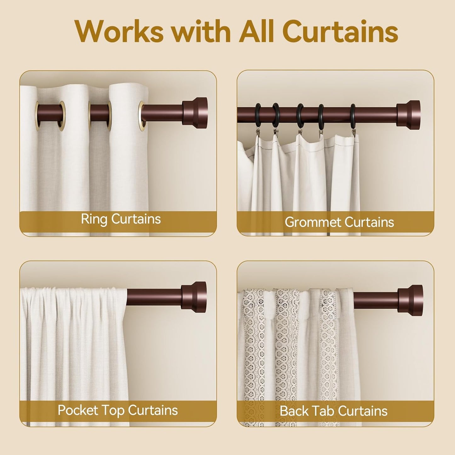 YaFex Curtain Rods - Heavy Duty 1 Inch Adjustable Window Treatment Rods | 32-144 Inch, Bronze Finish