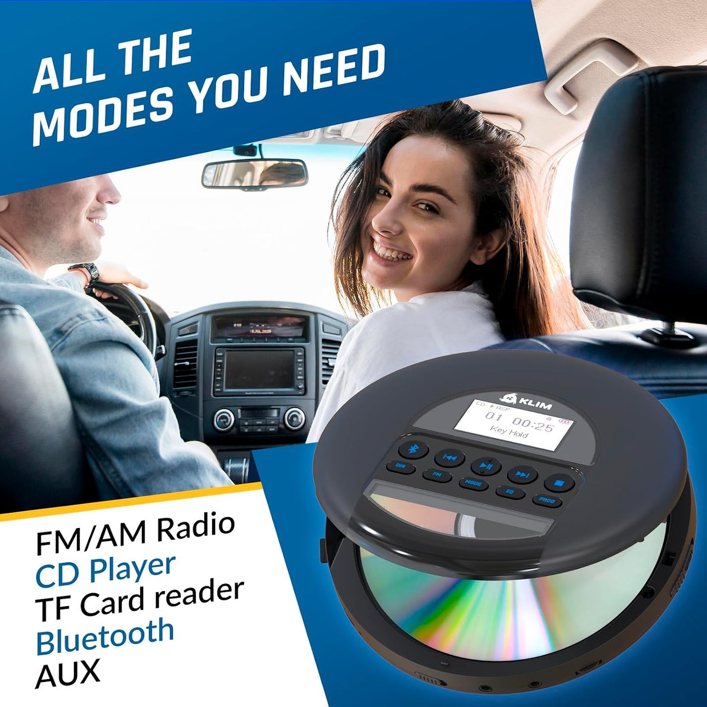 KLIM MP3 Nomad - Portable CD Player with Long-Lasting Battery - with Headphones - Radio FM - Compatible CD Player