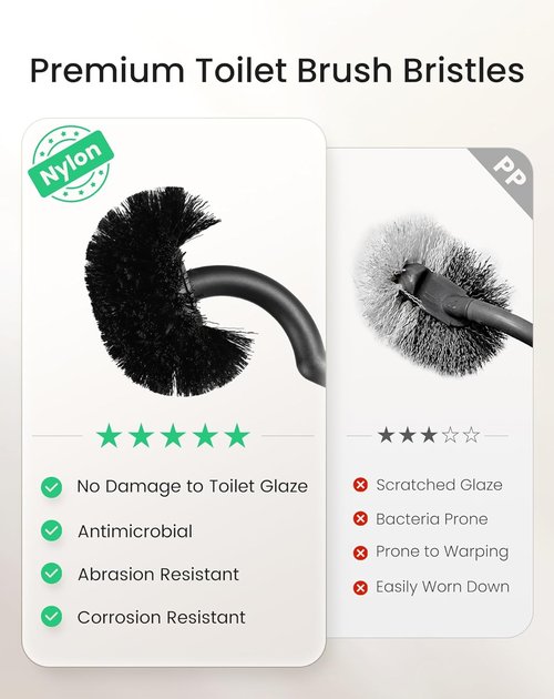Cesun Toilet Brush Set - Curved Design for Deep Cleaning | 304 Stainless Steel Holder, Black, 2 Replaceable Heads