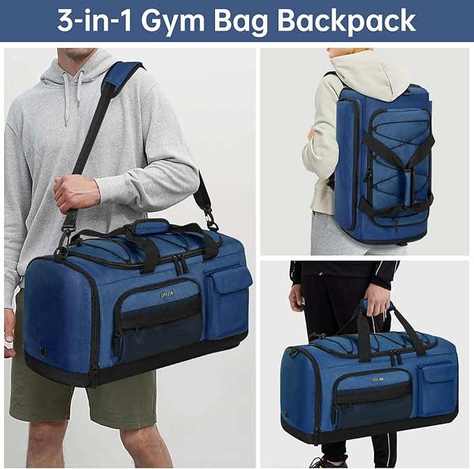 Gym Bag for Women & Men, Sports Travel Duffle Bag with Shoe Compartment, Anti-Theft Carry On Weekender Bag, Water Resistant Overnight Backpack for Airplane, Gym, Travel (Blue Black)