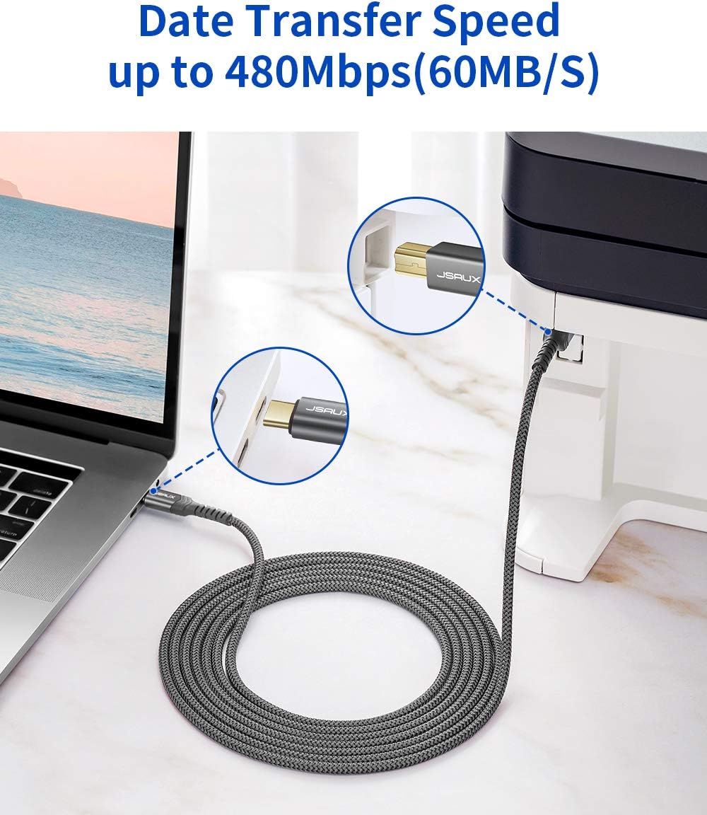 10ft JSAUX USB C to USB B Printer Cable - Nylon Braided, Compatible with MacBook Pro, HP, Epson, Canon, Brother
