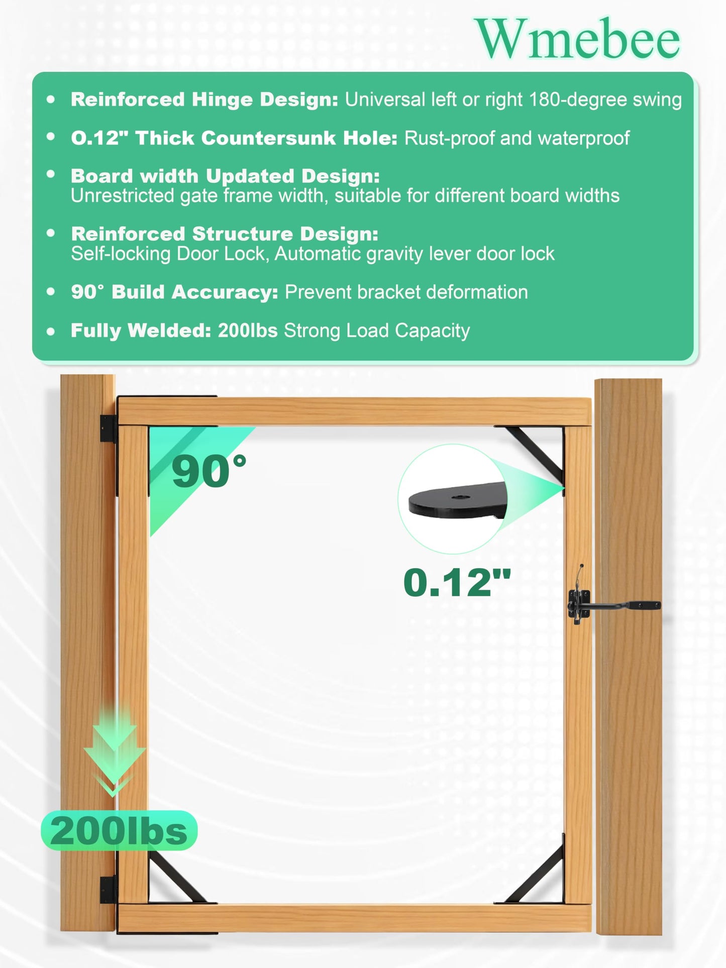 Wmebee Anti Sag Gate Kit, Fence Gate Kit Gate Hardware,Heavy Duty No Sag Anti Twist Gate Frame Corner Brace Bracket with Self-Locking Gate Latch for Wooden Fence Gate (1 Door Set)
