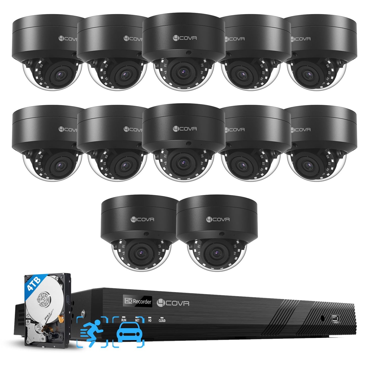4COVR 16 Channel PoE Business Security Camera System, 12x 5MP IK10 Vandal-Proof Dome IP Cameras, IP67 Weatherproof, Human/Vehicle Detection, 4K NVR with 4TB HDD, Outdoor Surveillance, LY54AB5M1612-1