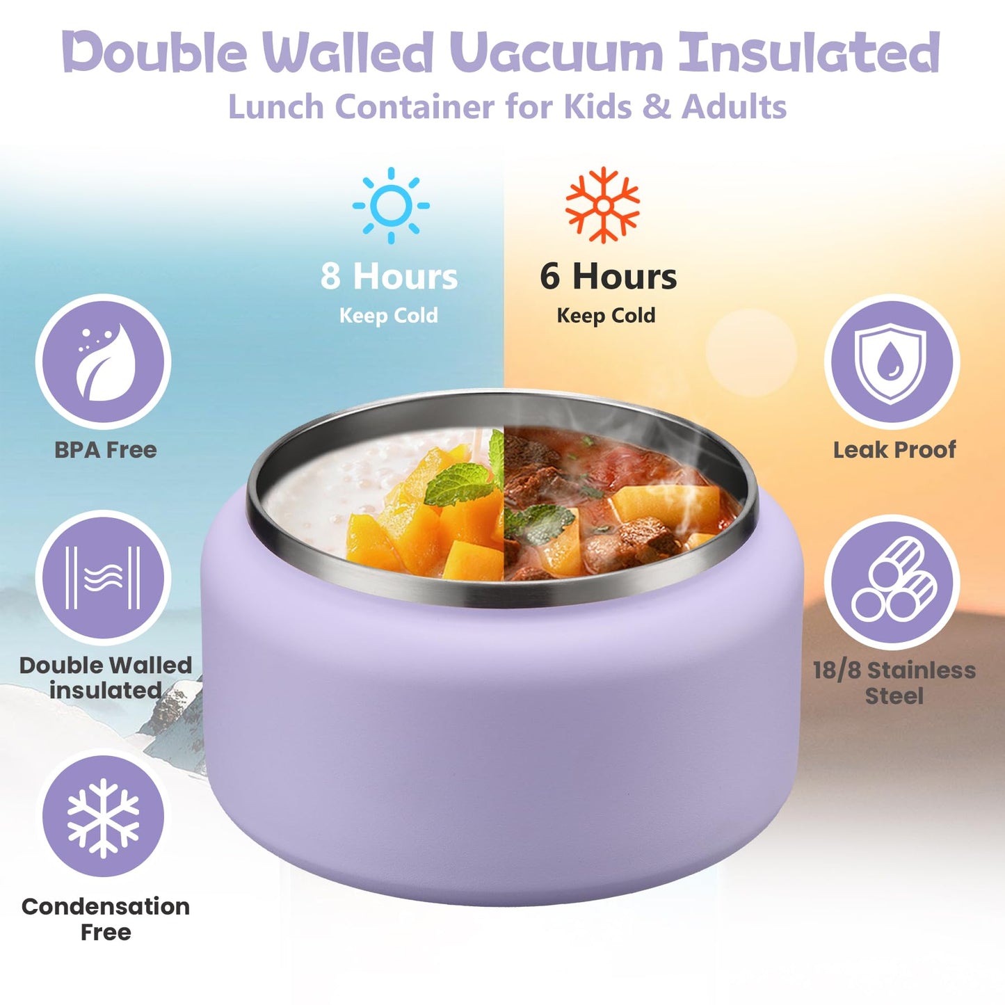 BABHAMNESS 13.5oz Soup Thermo for Hot Food Kids Insulated Vacuum Food Jar with Buckle Lid,Wide Mouth Leakproof Stainless Steel Lunch Container with Spoon-Purple