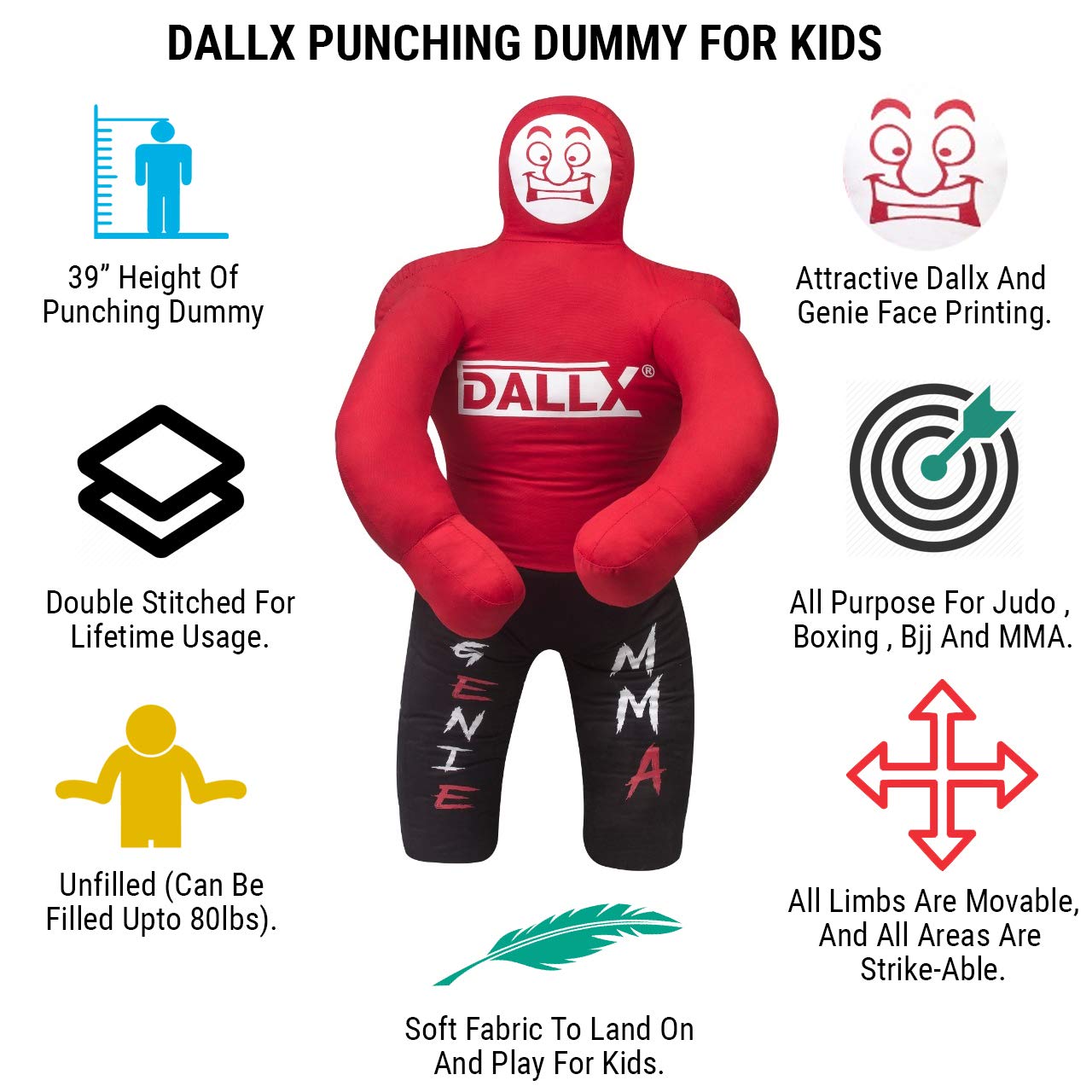 DALLX Kids Grappling Dummy for Fitness Training Practice Wrestling Judo Karate MMA Punching Dummy for Kids Jiu-Jitsu - UNFILLED (Red, 40")